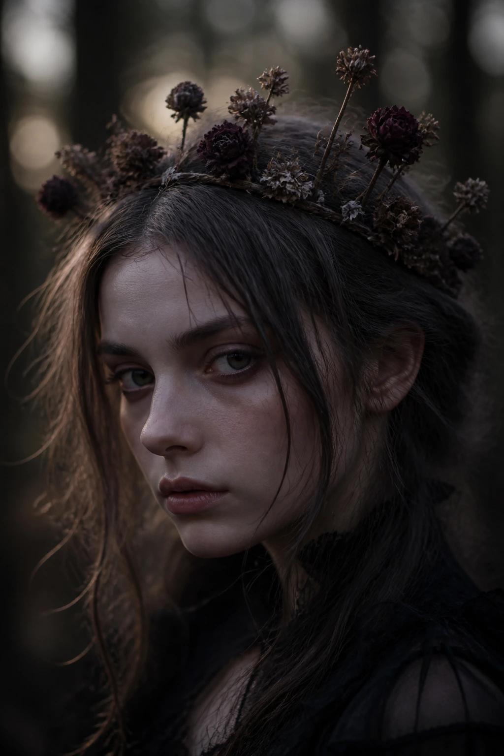 Close-up of a real woman with a dried-flower wreath on a headband, uneven arrangement.