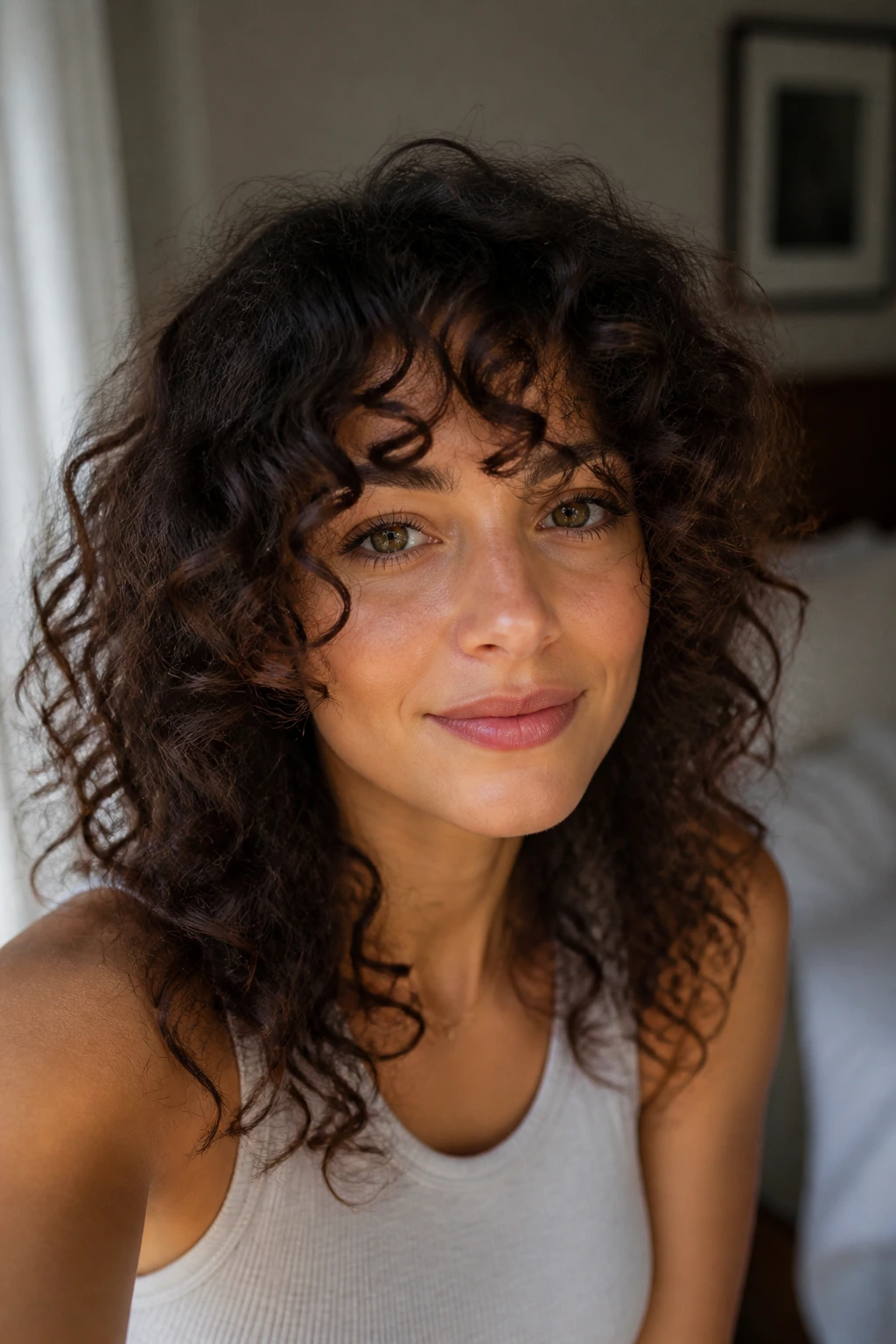 Close-up of dry curly bangs on a real person with no tools in frame