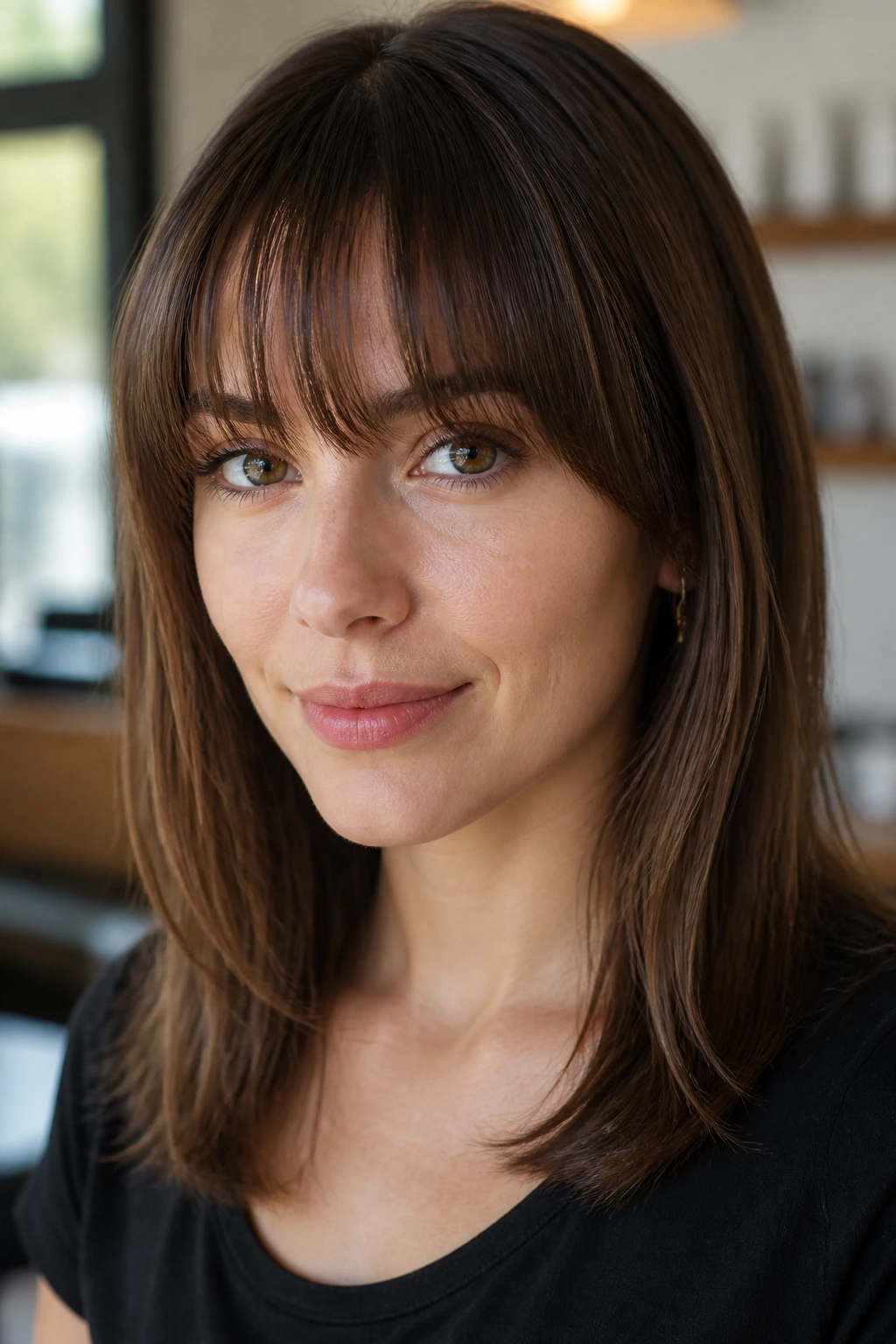 Close-up of a real person with dry-cut bangs in a calm salon light