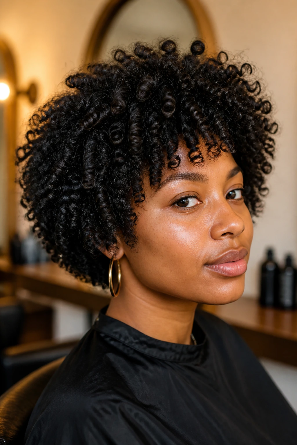 Close-up portrait of a woman with a dry-cut shag on natural curls in a salon setting.
