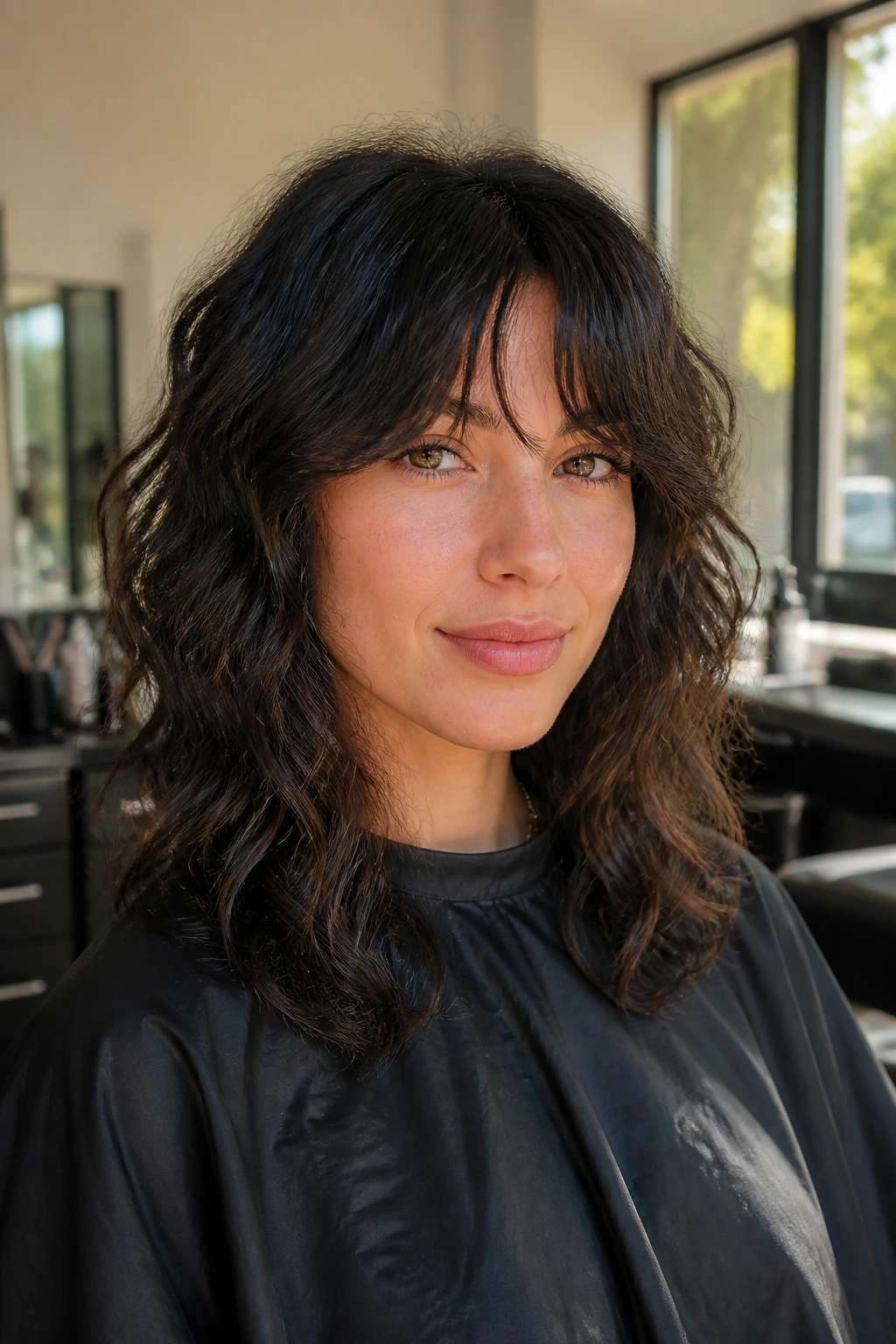 Portrait of a woman with wavy hair in a sunlit salon, showing natural texture.