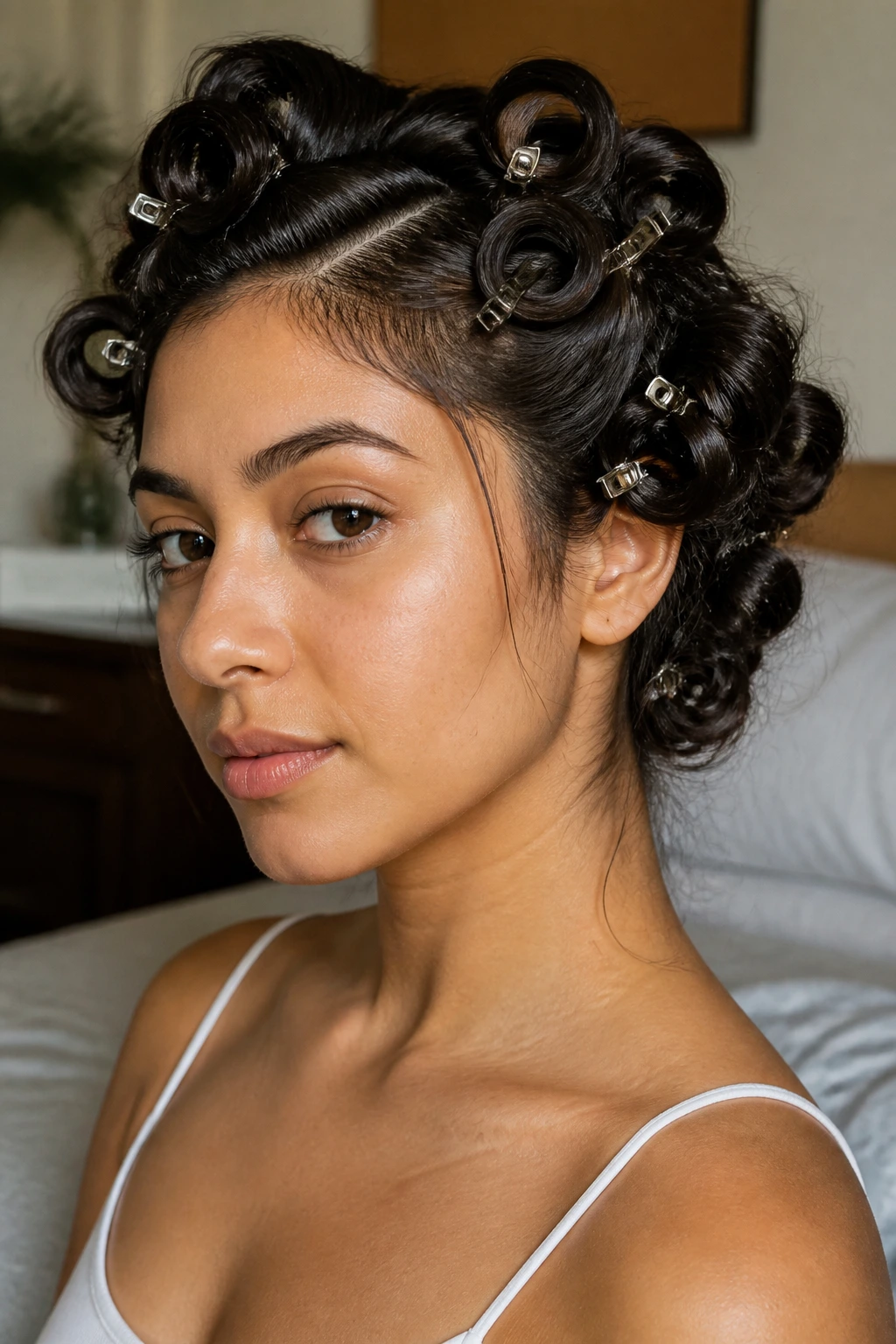 Close-up of a real Latina woman with dry pin curls secured in place