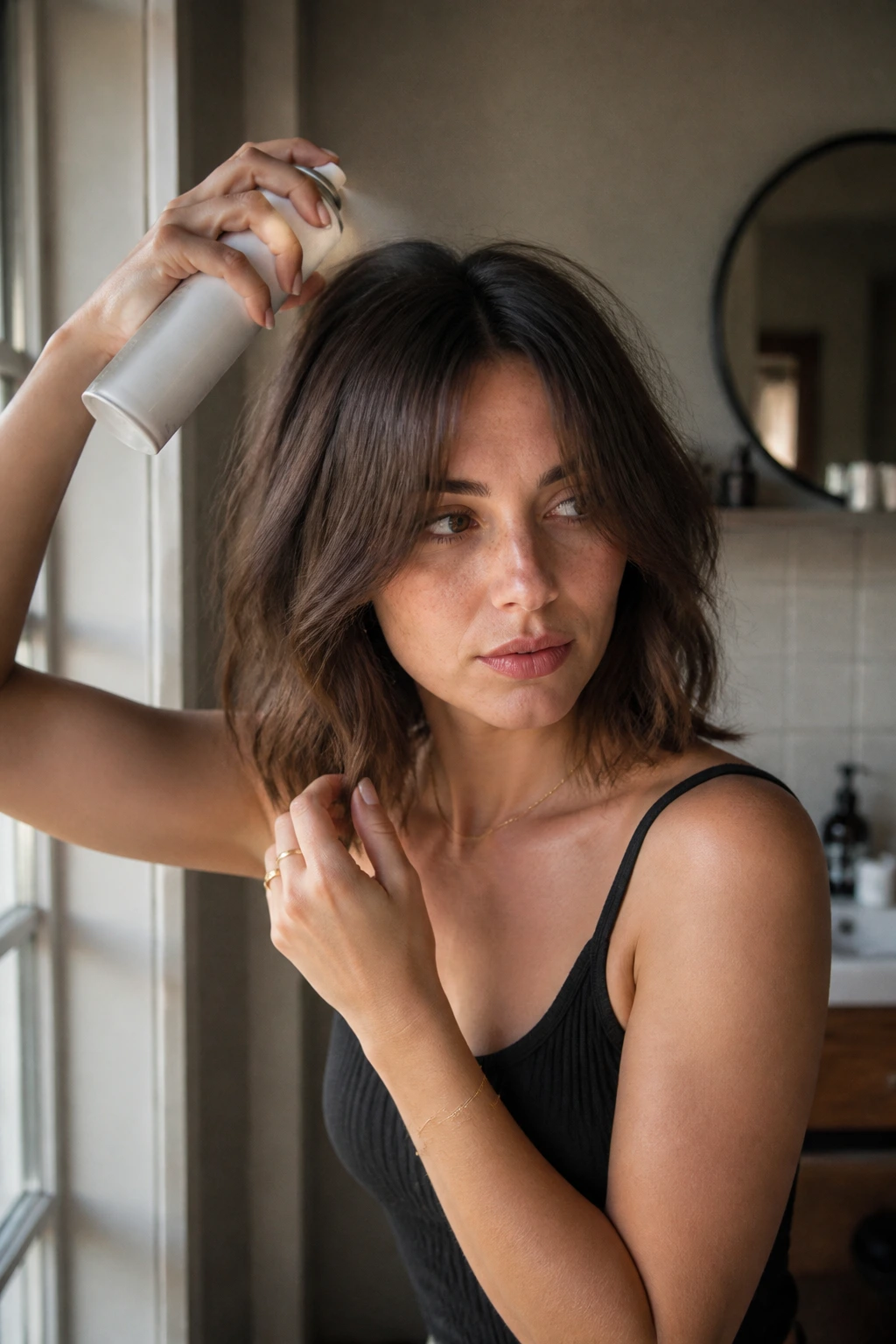 Portrait in a bathroom applying dry shampoo to roots with shoulder-length bob and curtain bangs.