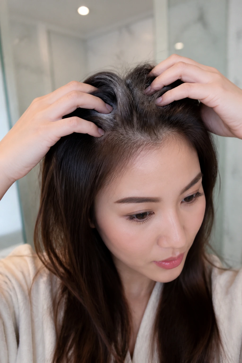 Real person applying dry shampoo texture at roots for grip