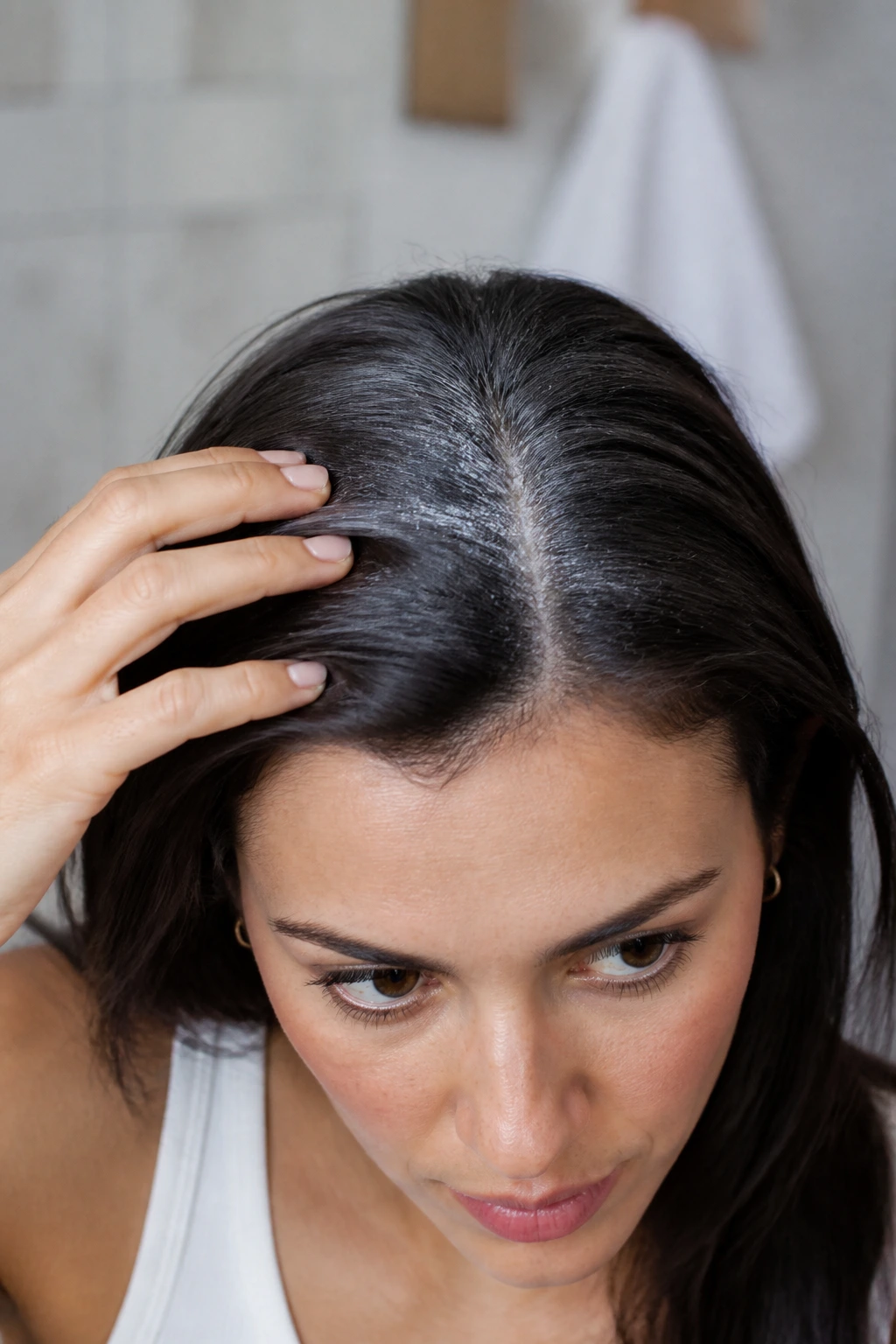 Real person with dry shampoo powder at roots absorbing oil