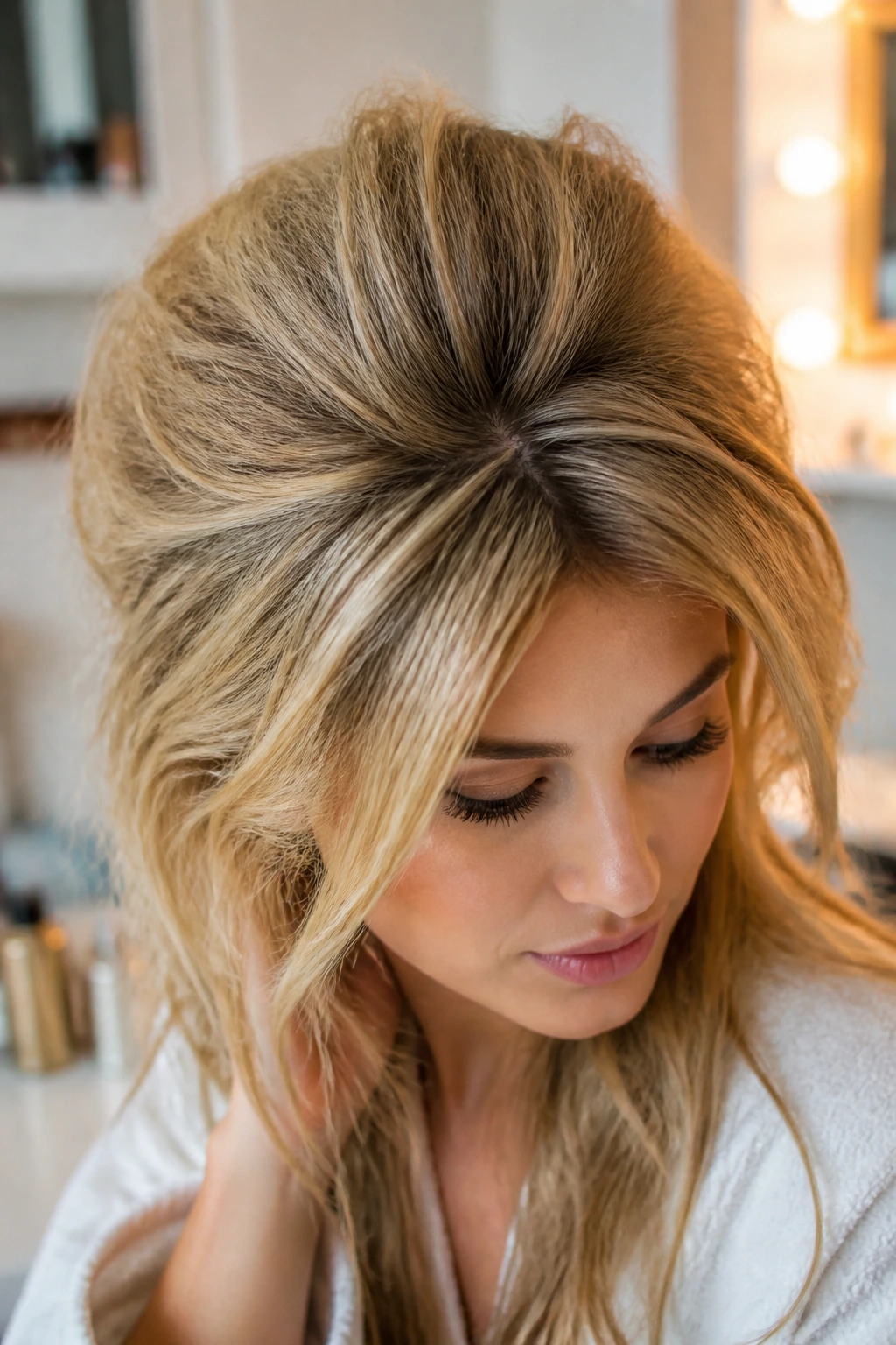 Real woman with dry shampoo texture at roots for added grip and volume.