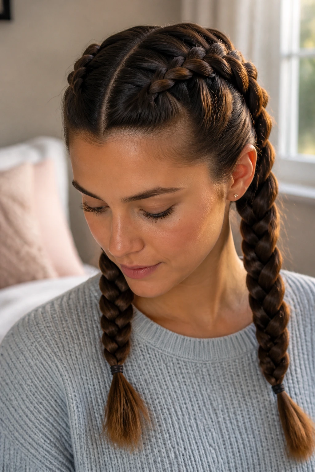 Close-up of a real person wearing Classic Dual Dutch Braids with soft window-light background