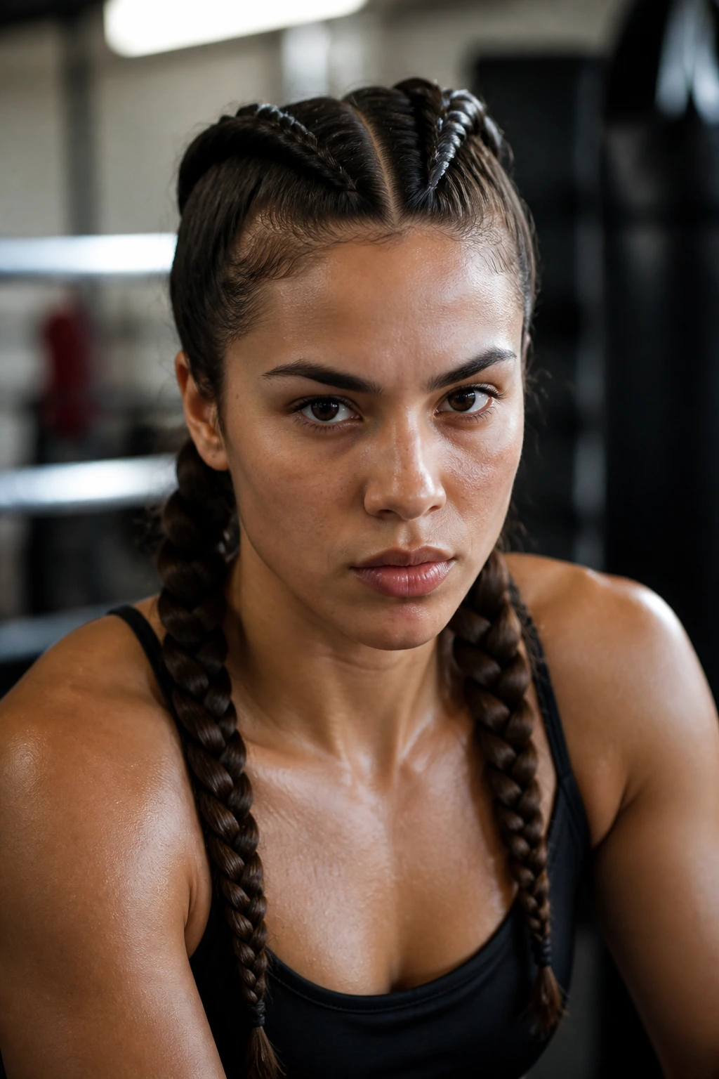 Close-up of a real person with two Dutch boxer braids high on the scalp in a boxing gym