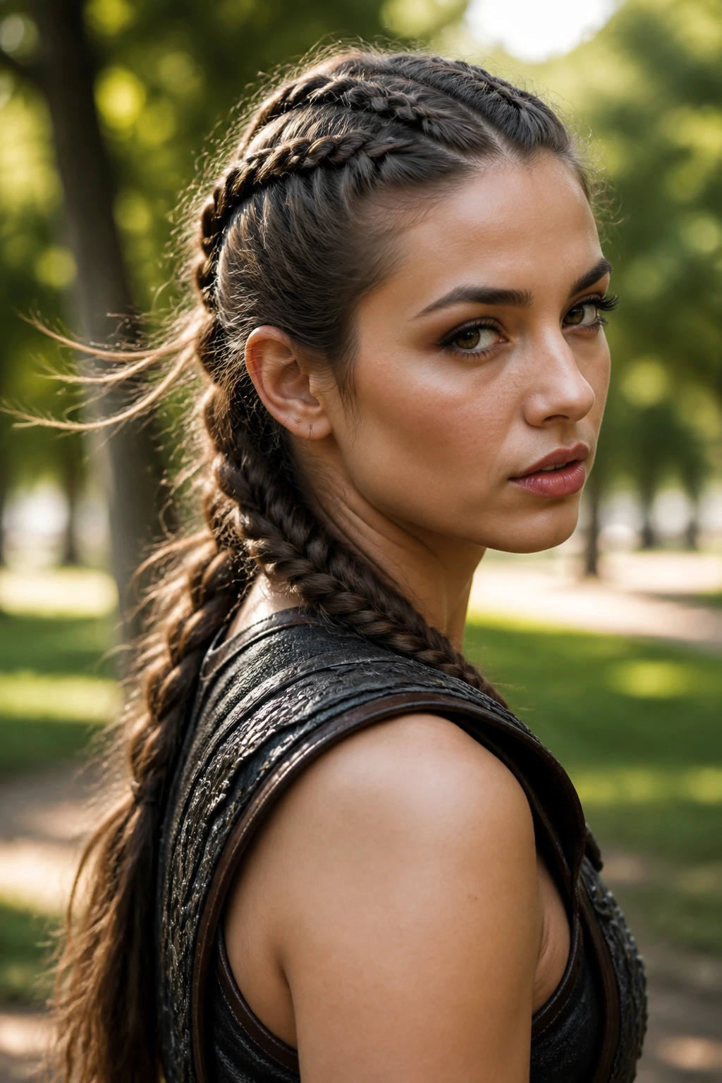 Close-up of a woman with Viking-inspired dual Dutch braids