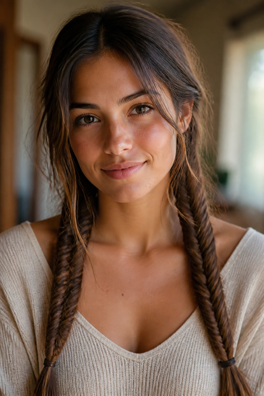 Real woman with two symmetrical fishtail braids behind the ears