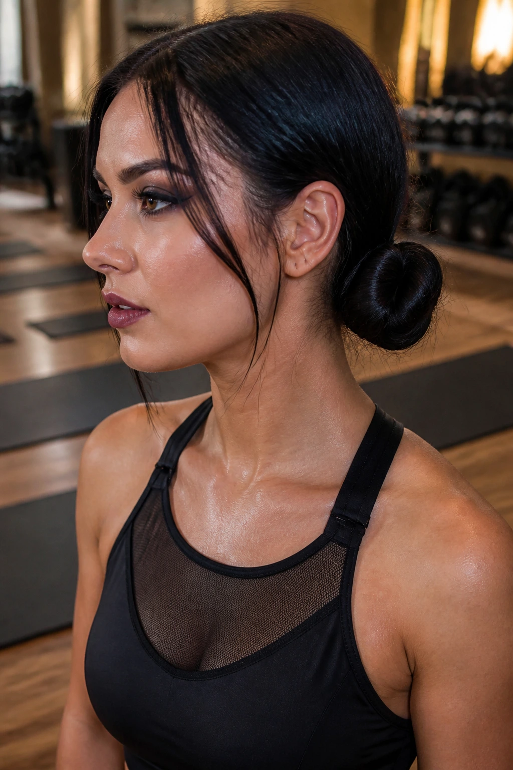 Close-up of dual-wrapped low buns in workout setting
