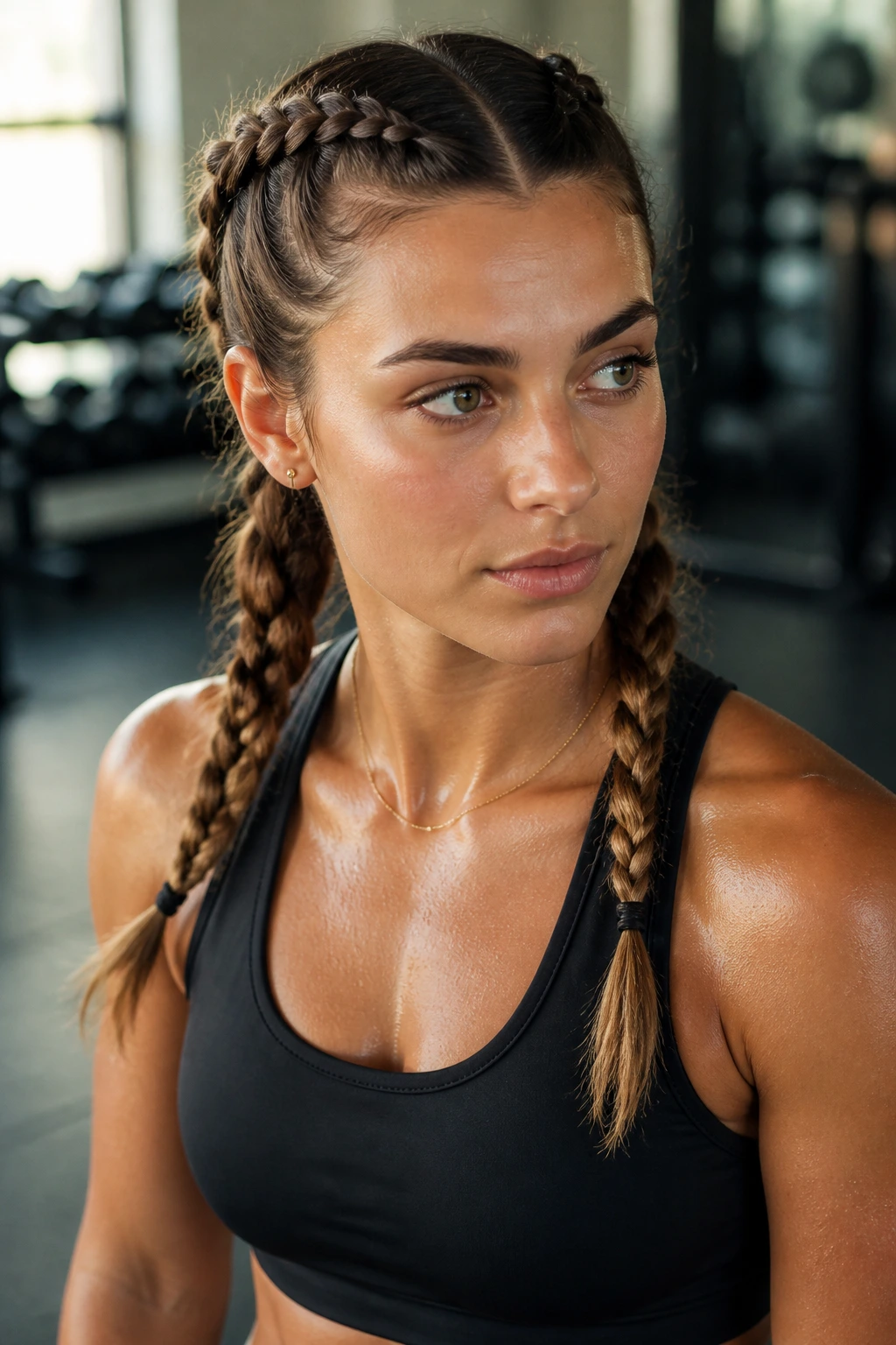 Portrait of a real athlete with two side-swept Dutch braids