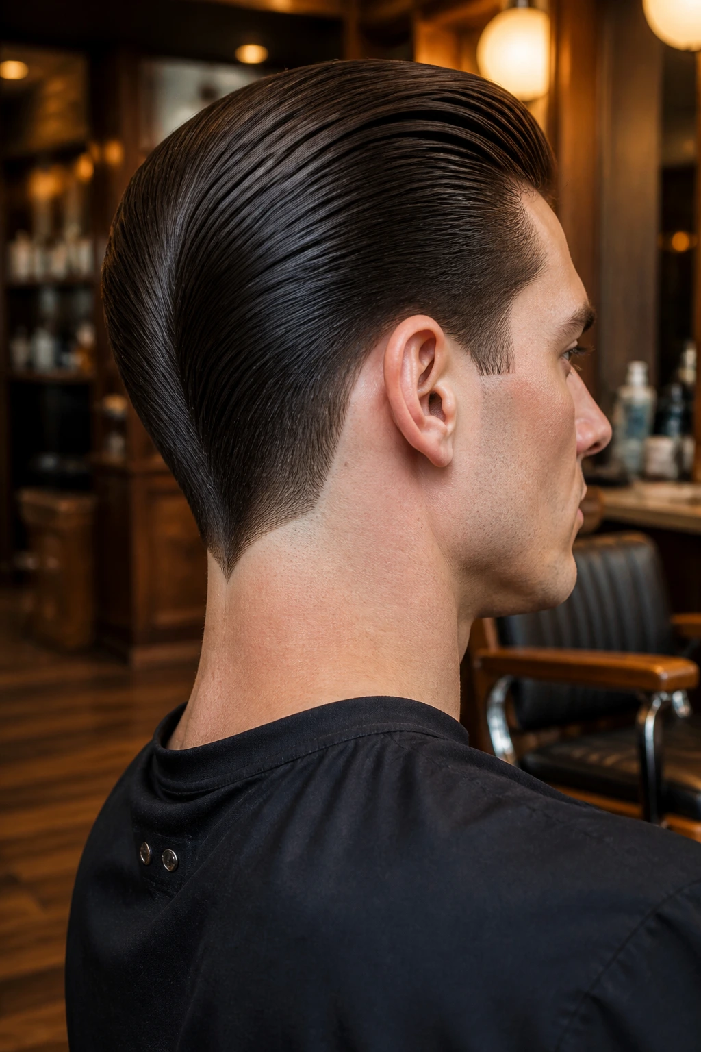 Close-up of swept-back ducktail with sharp tapered neckline on a real person