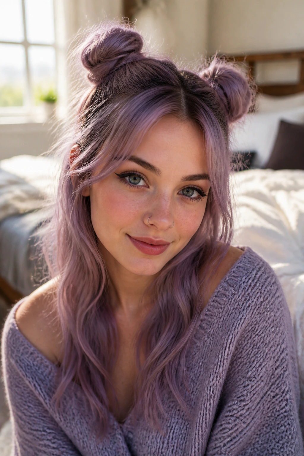 Close-up of a real woman with dust violet half-up space buns in soft morning light