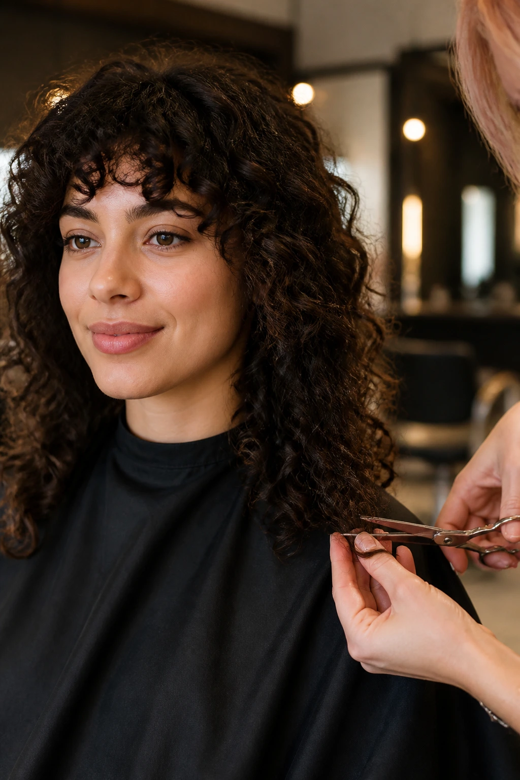 Close-up of a real woman’s curls during a micro-trim in a salon