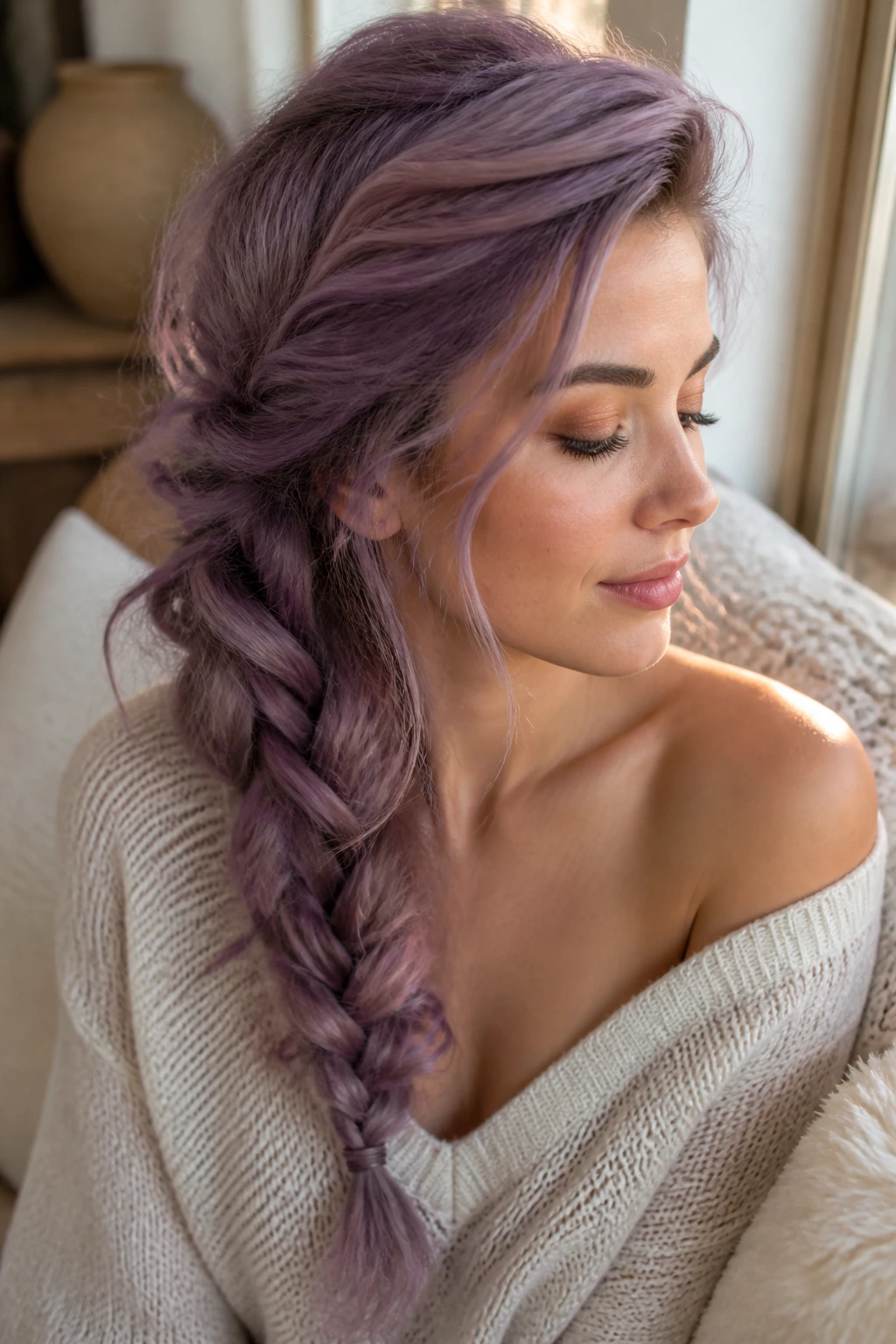 Close-up of a real woman with dusty amethyst side braid over one shoulder
