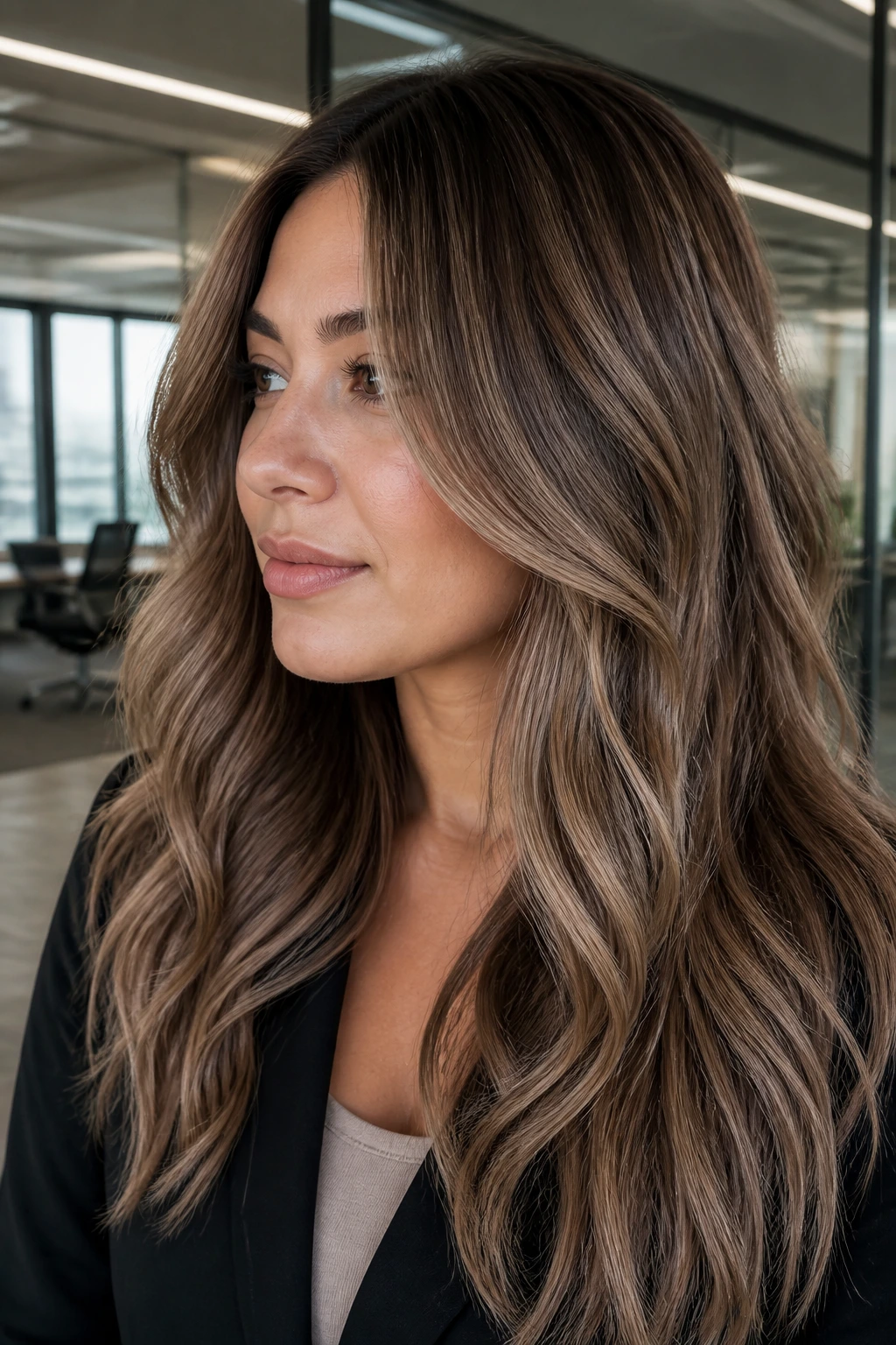 Real woman with dusty caramel wood-toned foilyage in an office