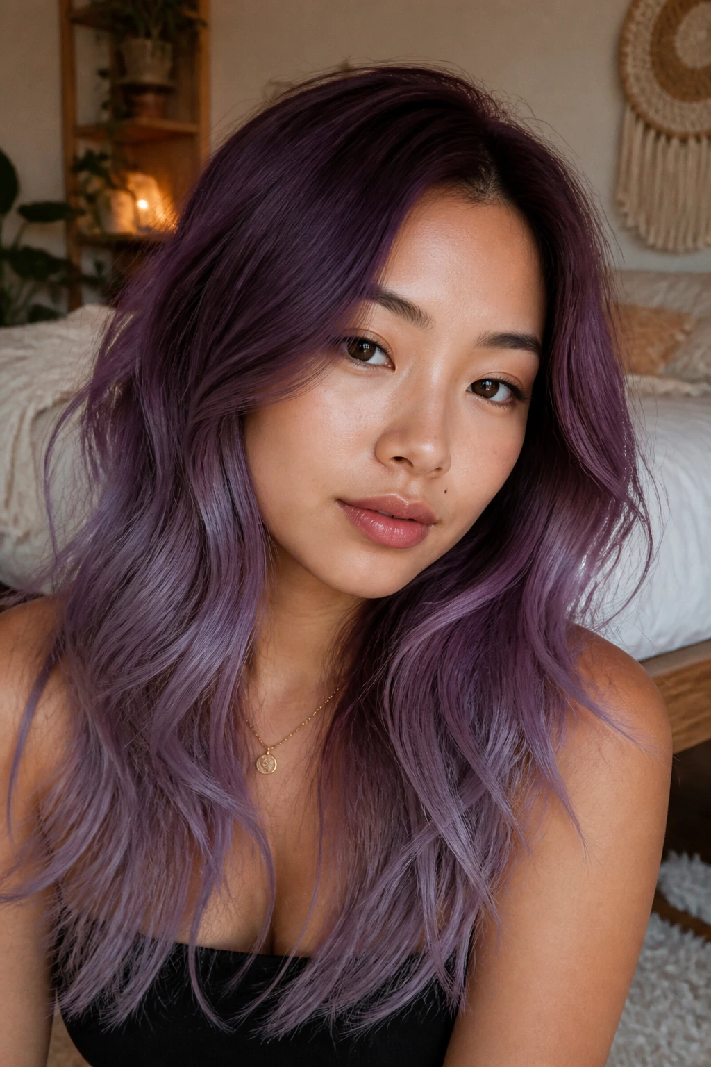 Close-up of a real person with dusty grape root melt gradient