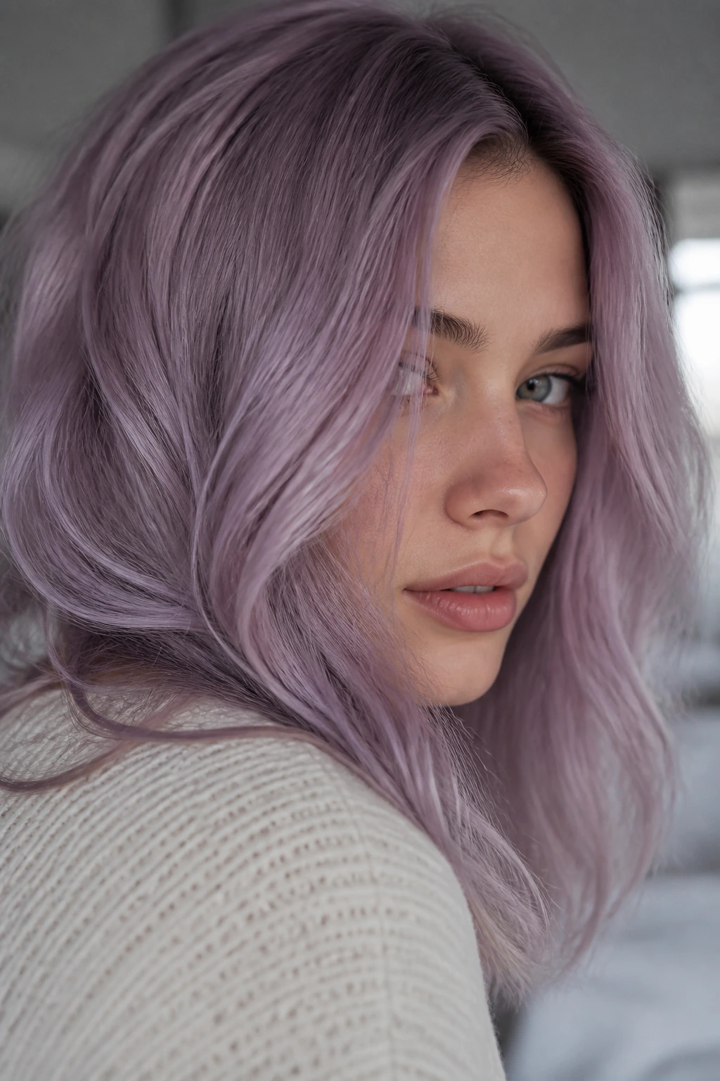 Close-up portrait of a real person with dusty lavender hair