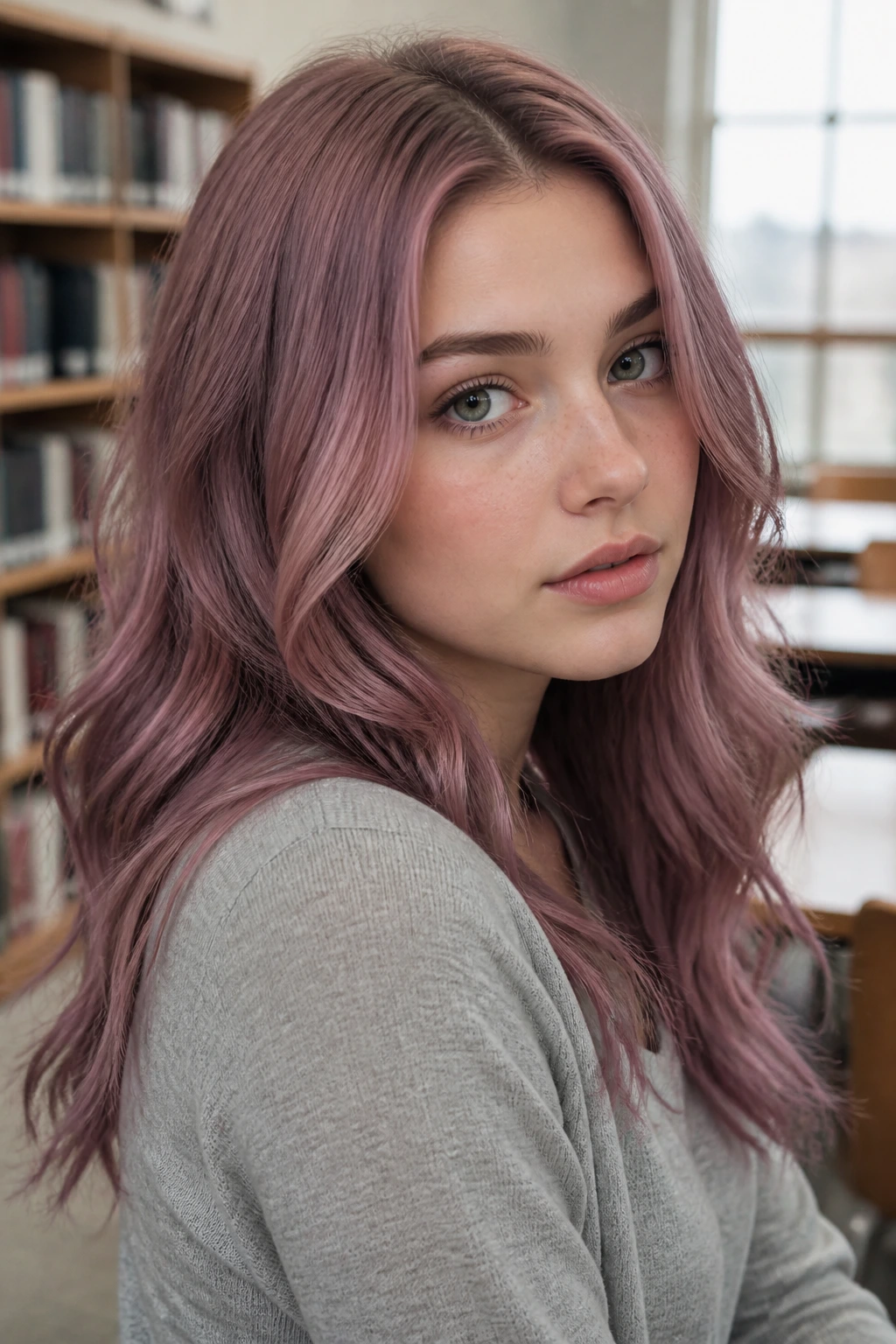 Close-up portrait of a person with dusty mauve pink hair in a classroom setting
