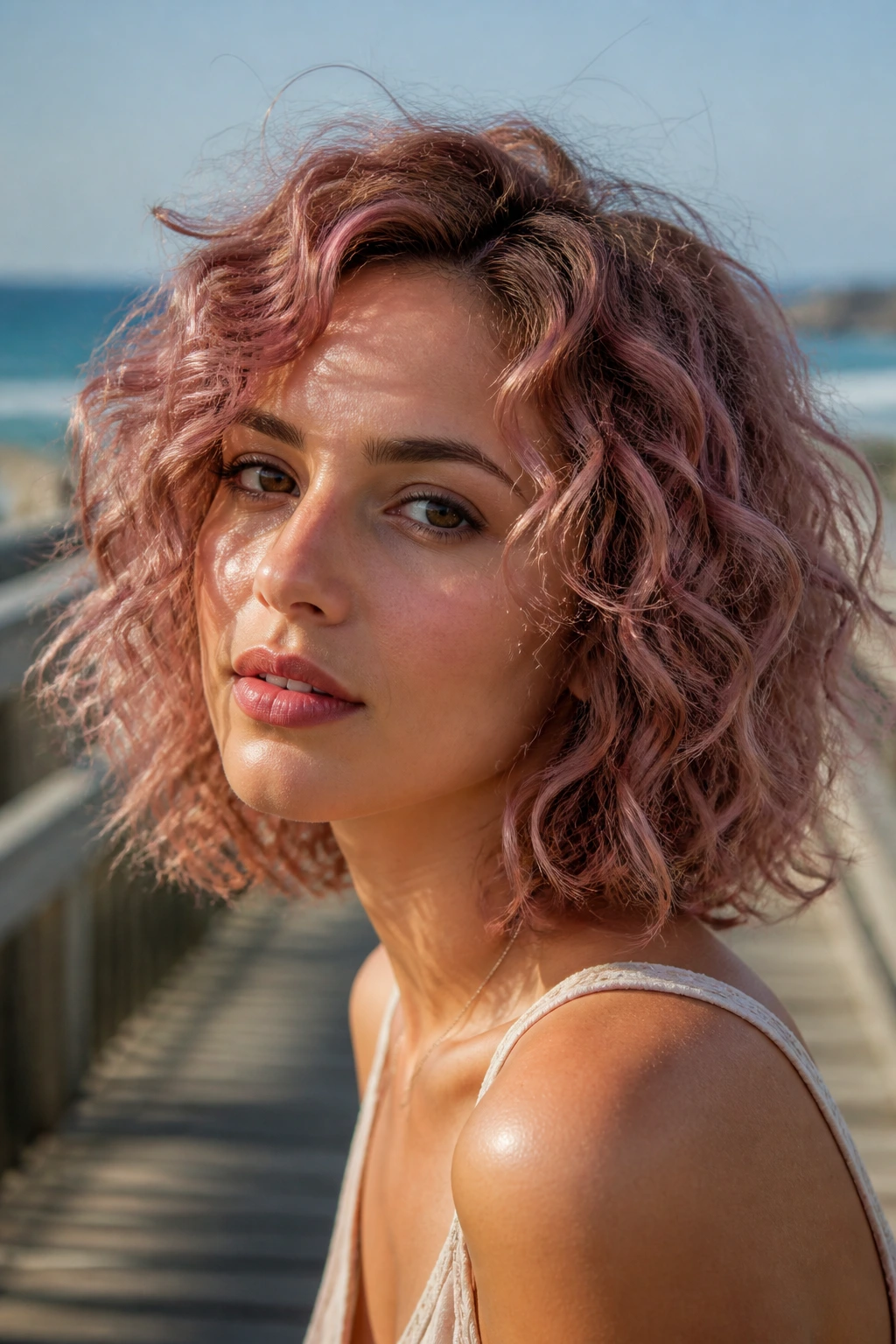 Close-up of a real person with dusty rose curly lob