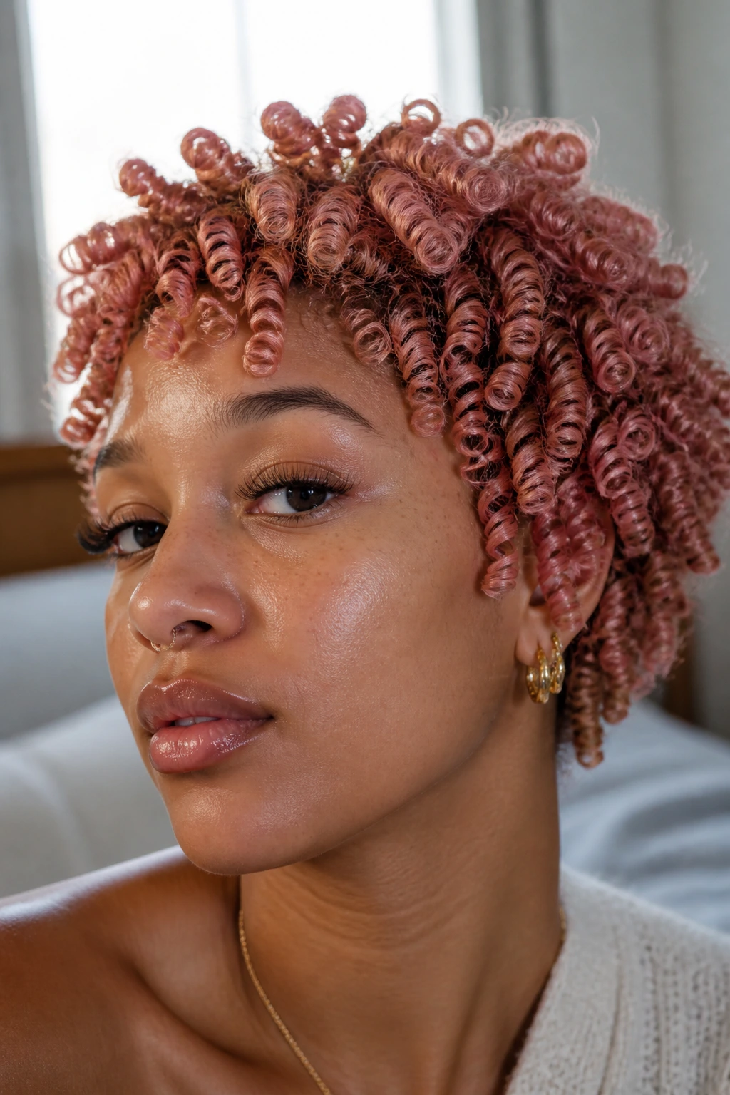 Close-up of a real woman with dusty rose finger coils under soft morning light
