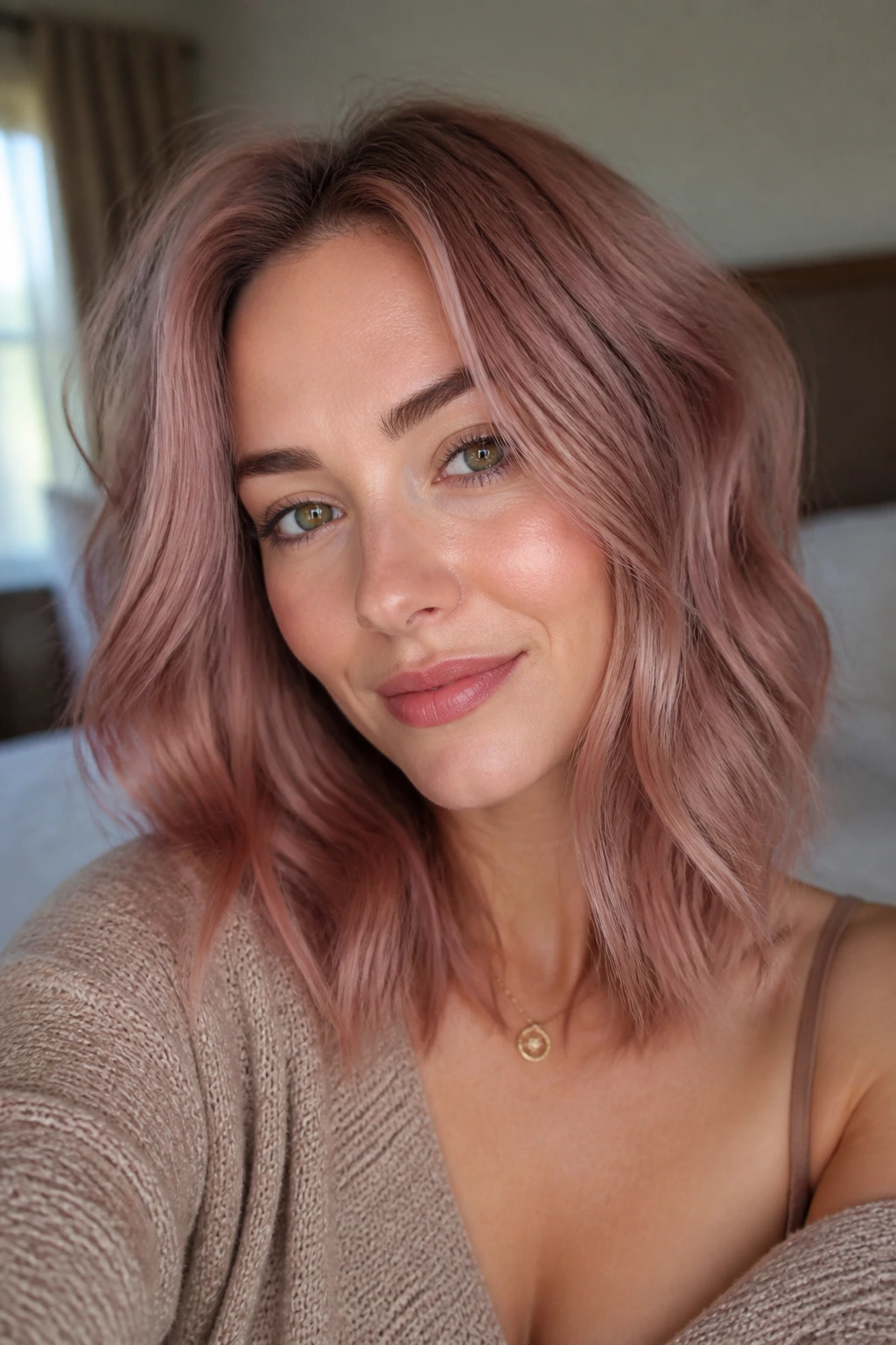 Close-up of a real woman with dusty rose hair color