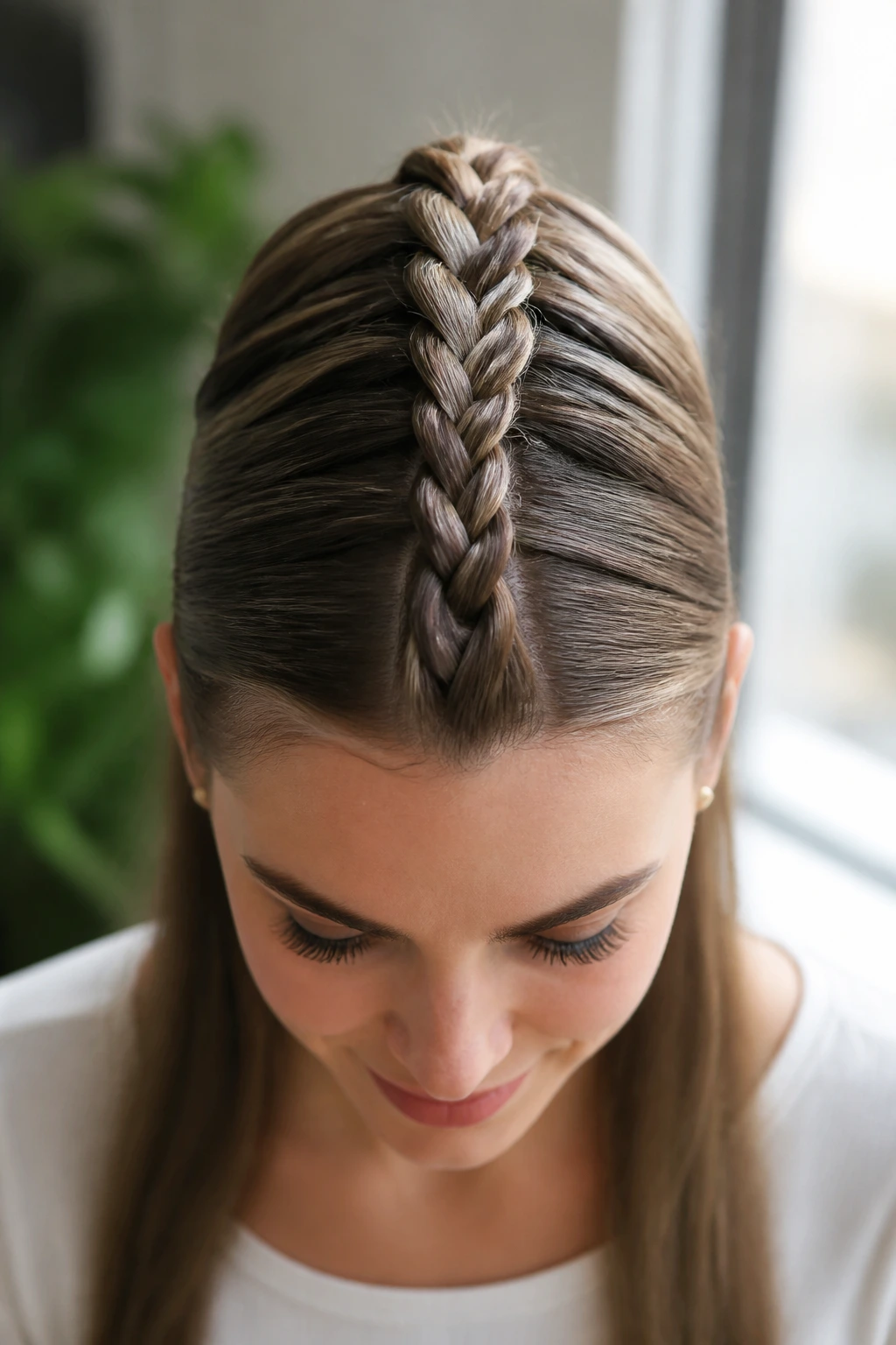 Front view of a real woman with a center Dutch braid from hairline to crown