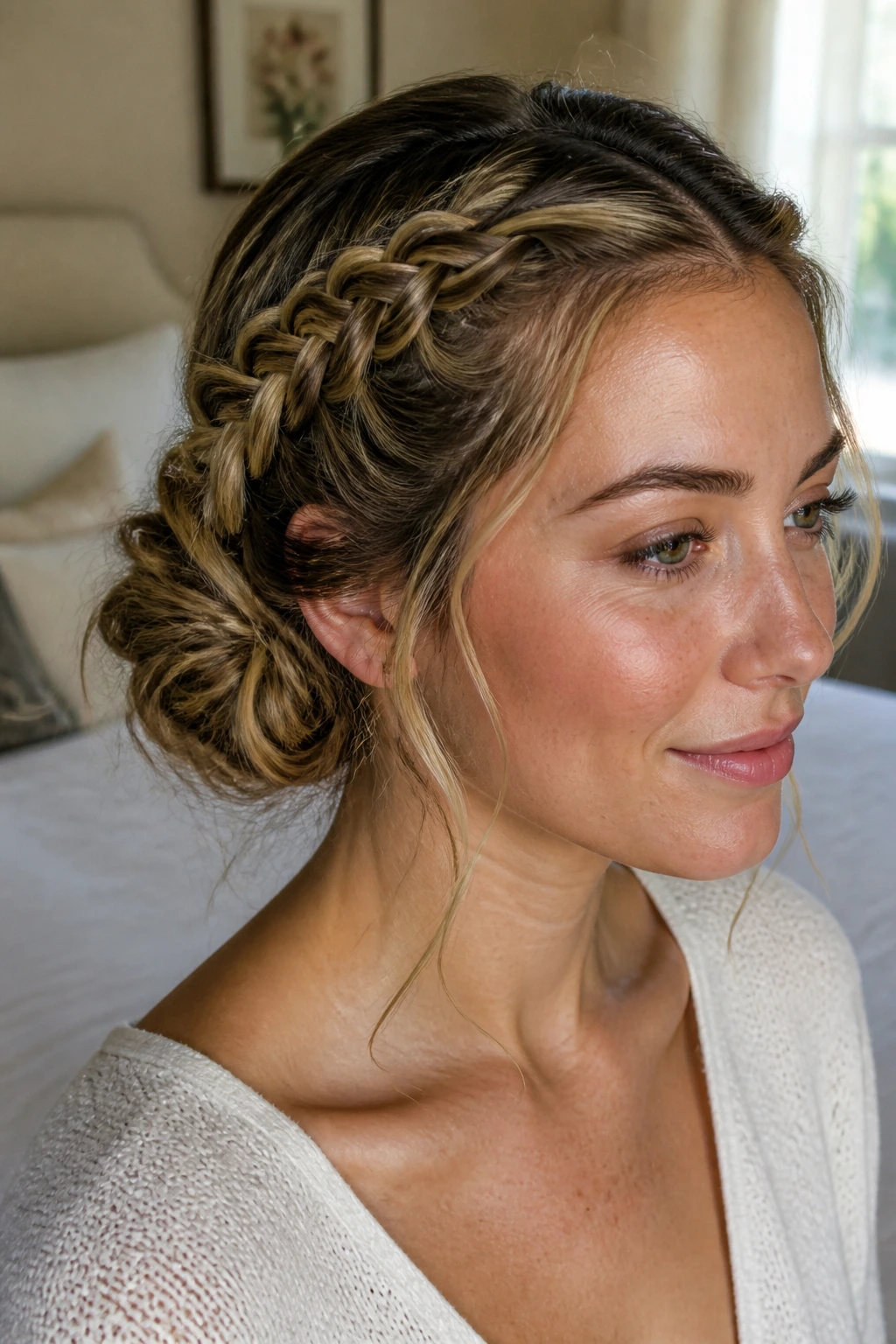 Close-up of a real woman showing Dutch Braid into a Twisted Chignon with side braids and back chignon in warm window light.