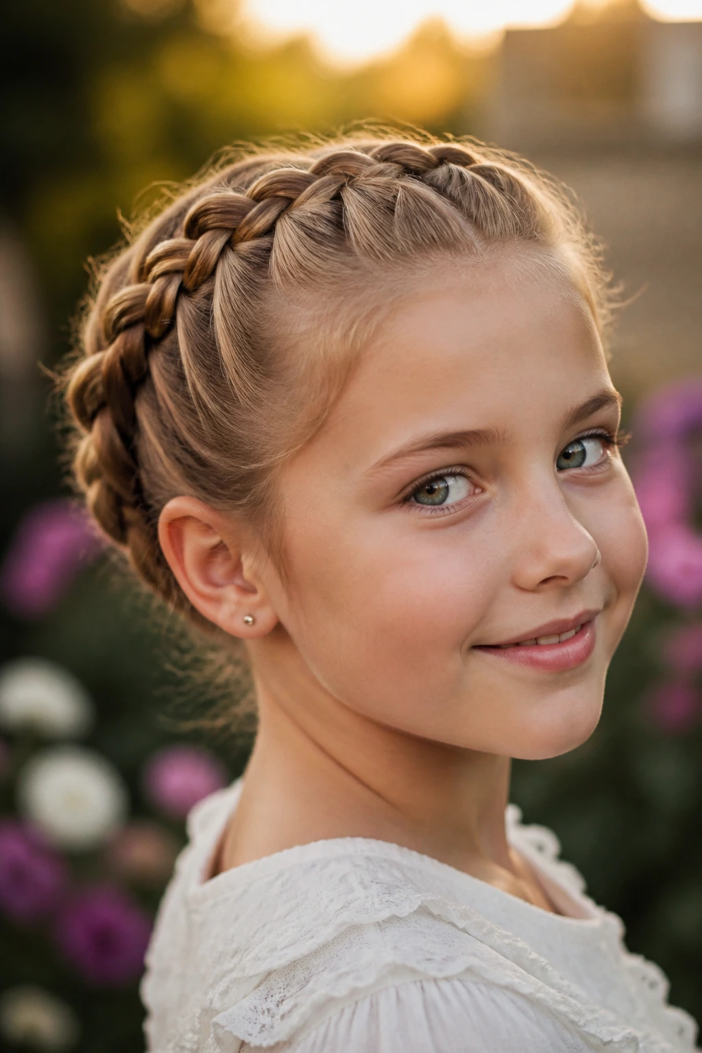 Close-up of a child with two Dutch braids forming a crown at the head.