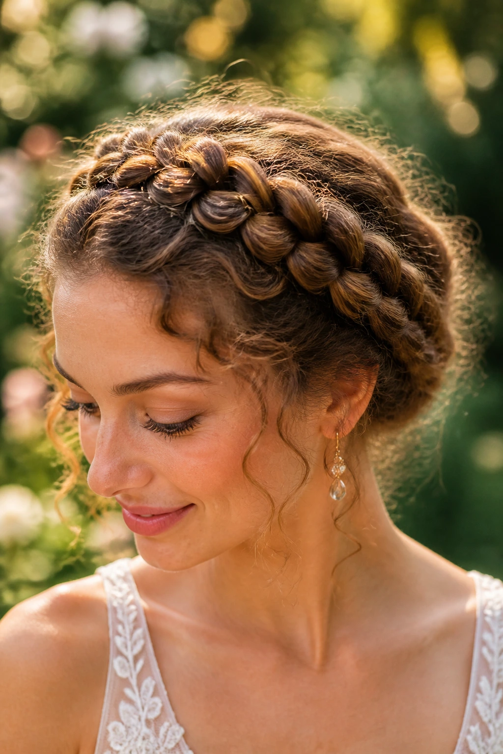 Close-up portrait of a real person wearing a Dutch braided crown