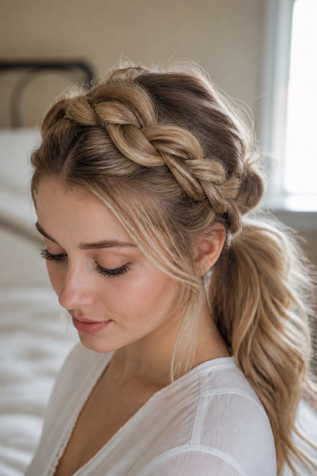 Close-up of a real woman with a soft Dutch braid crown across her head.