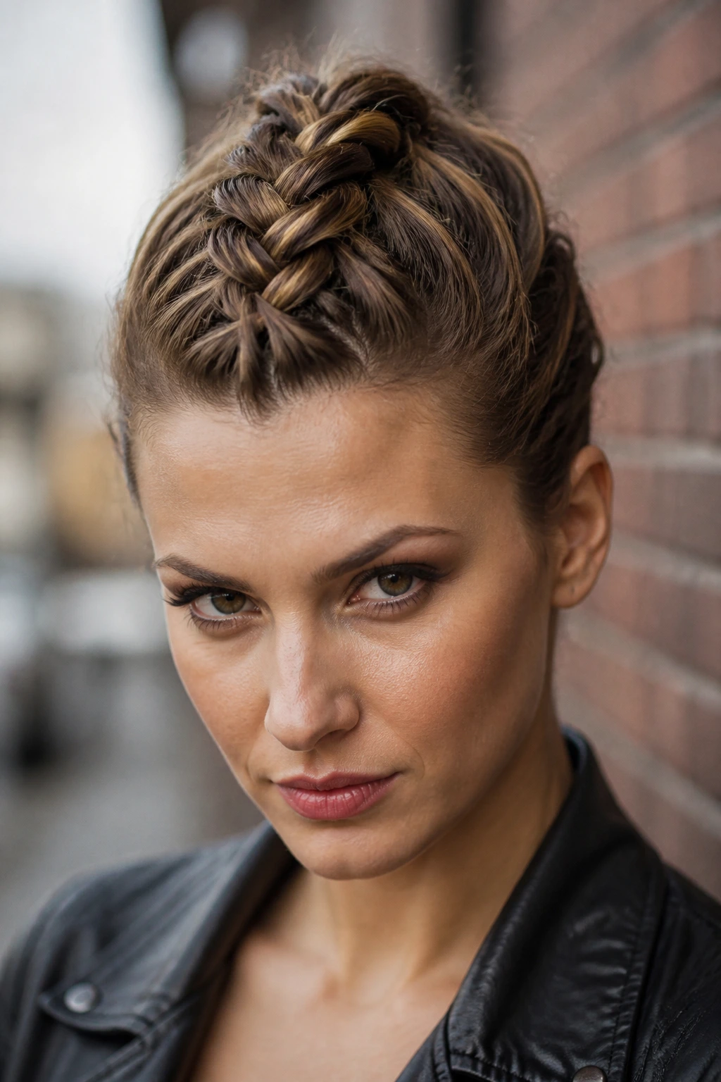 Close-up portrait of a real woman with a Dutch Braid Faux-Hawk, high central braid