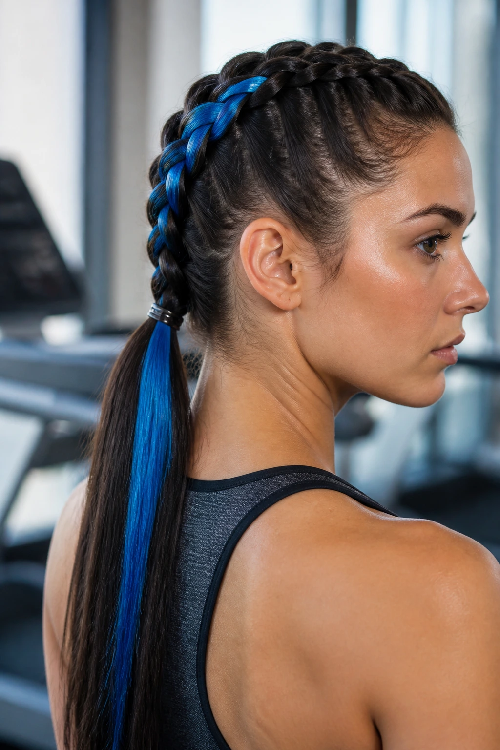 Close-up of a real woman with a blue feather woven into a Dutch braid forming a ponytail.