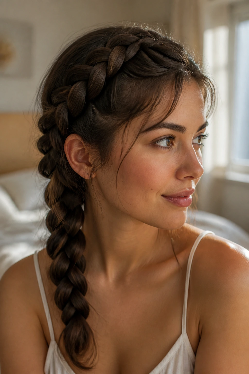 Close-up of a real woman with a Dutch side braid and textured edges tucking frizz