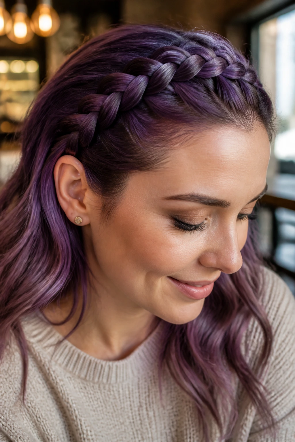 Close-up of a real person with a Dutch braid along the front hairline forming a headband on purple hair