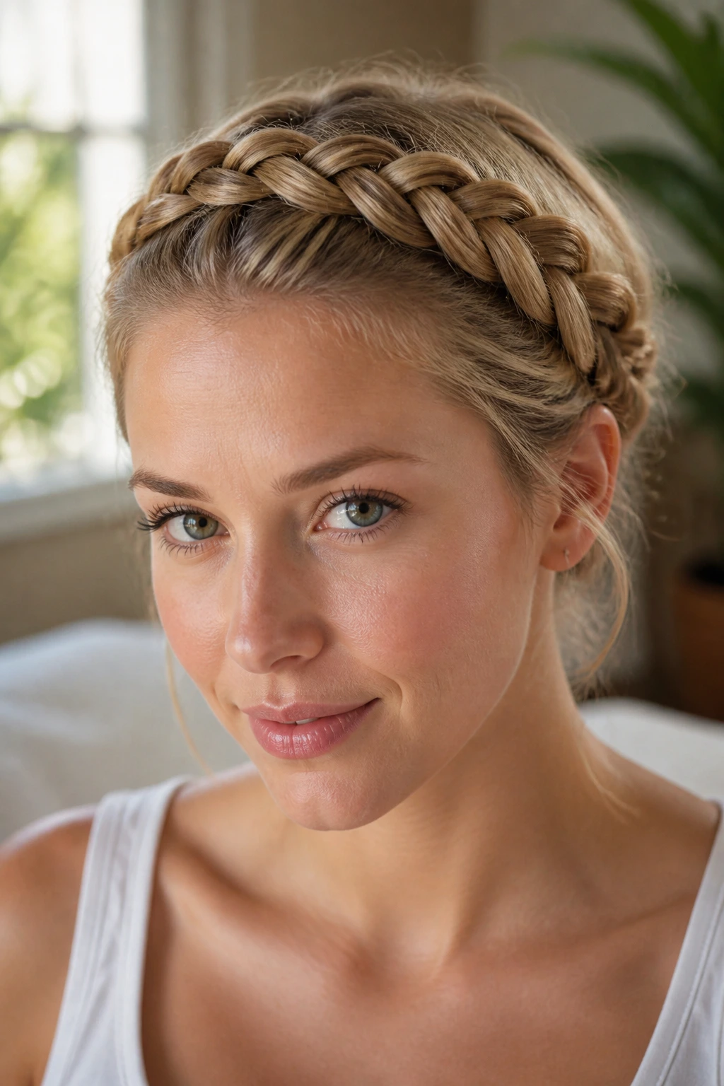 Close-up of a real woman with a raised Dutch braid headband across her hairline