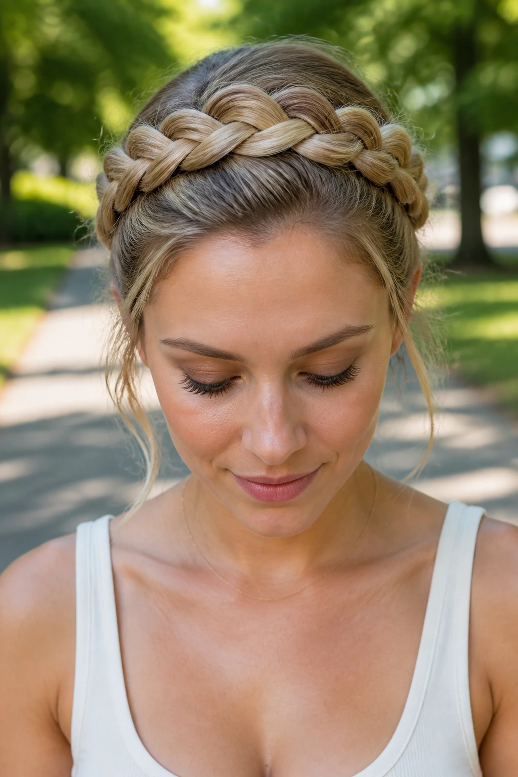 Close-up of a real woman wearing a Dutch braid headband outdoors
