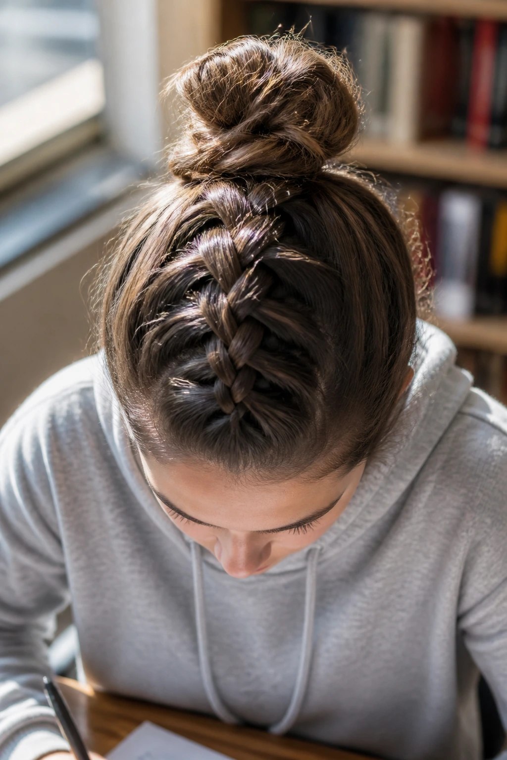 Close-up of a real person with a Dutch braid down the center ending in a messy bun