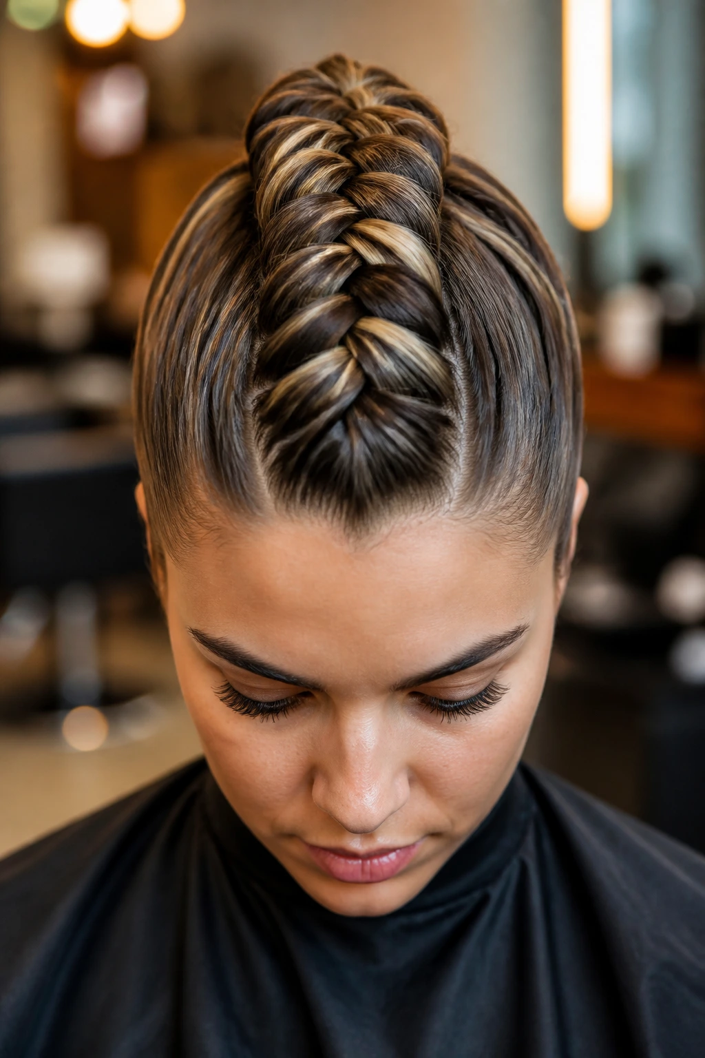 Close-up of real person with centered Dutch braid mohawk