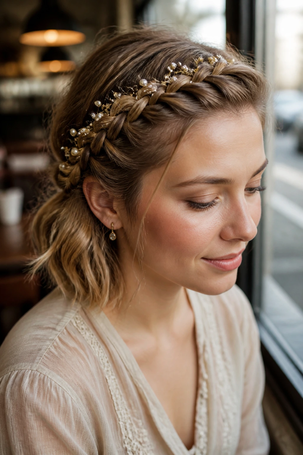 Real person with embellished Dutch side-braid and pearls