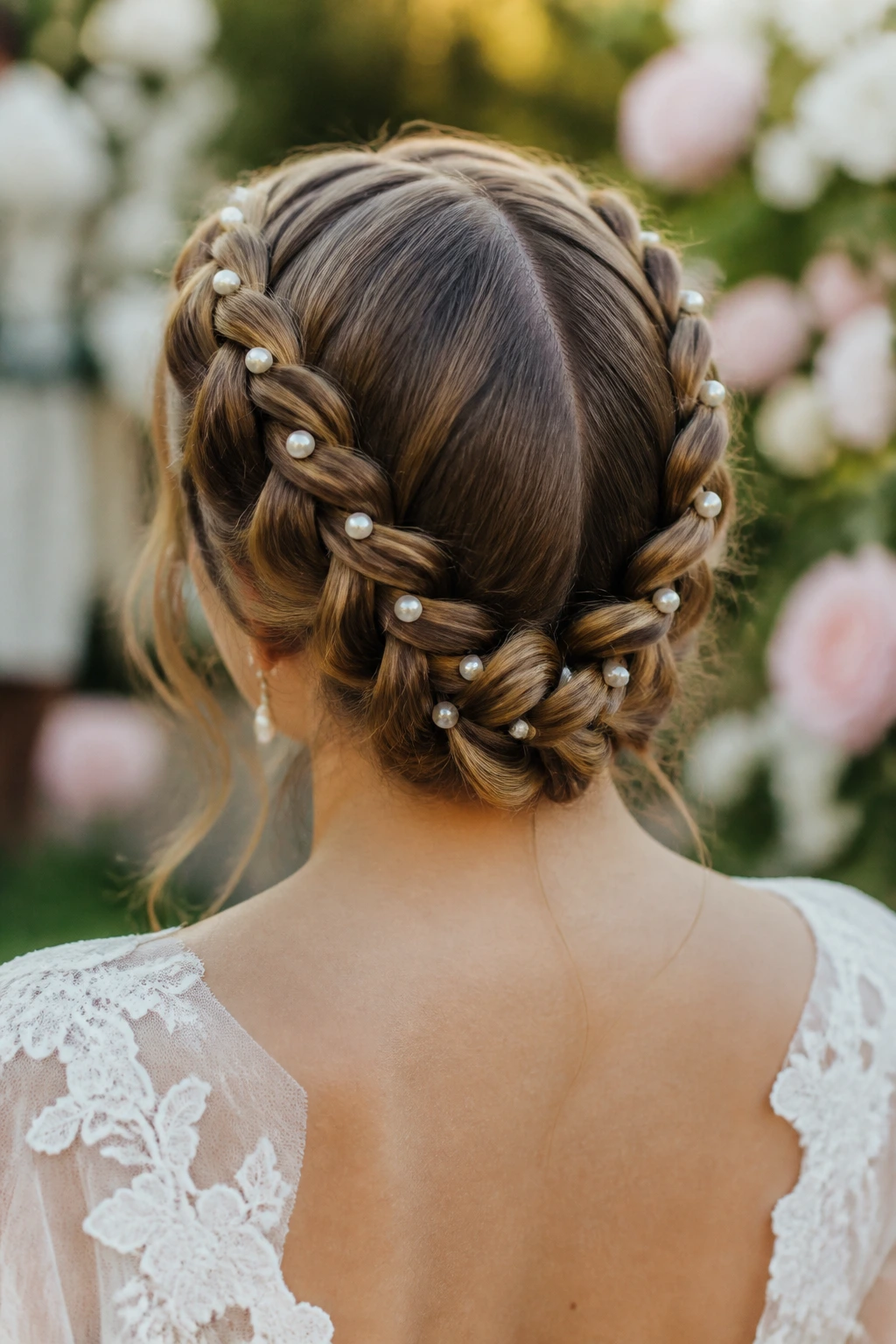 Portrait of a woman with pearl-embedded Dutch braids at the back