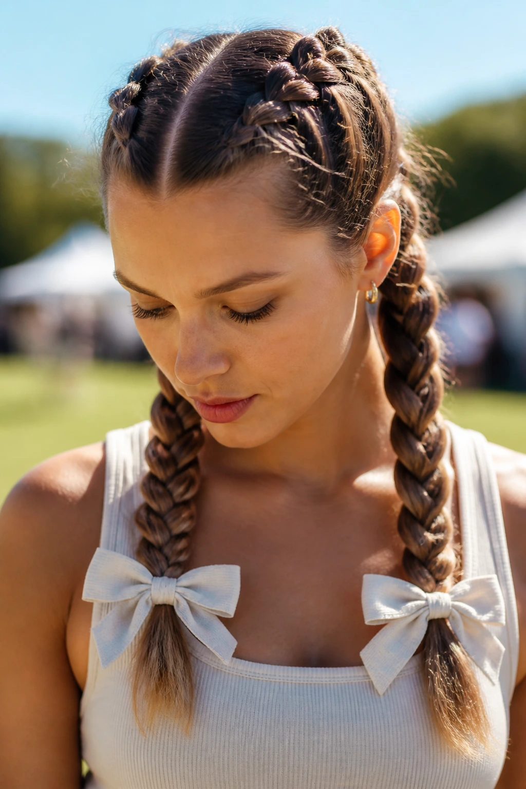 Close-up of two Dutch braids with bows at their bases on a real person