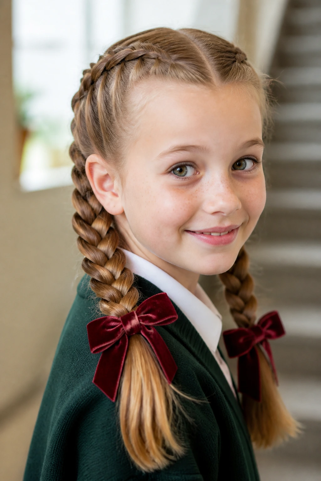 Real person with Dutch braids in pigtails and velvet bows in a bright setting