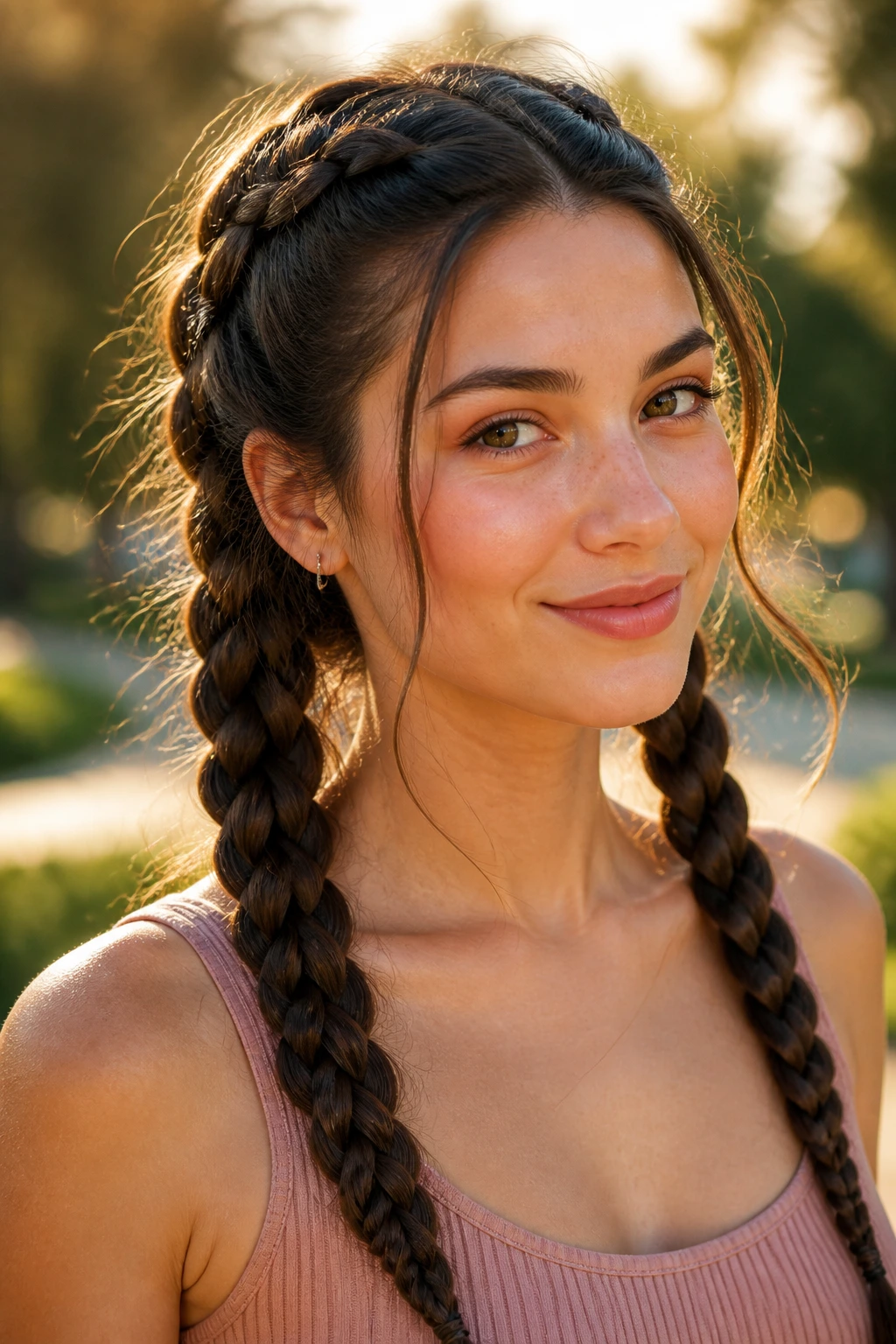 Real woman with two thick Dutch braids pancake-style in outdoor light