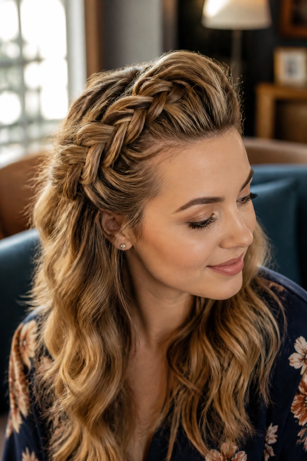 Portrait of a woman with a Dutch braid pompadour hairstyle
