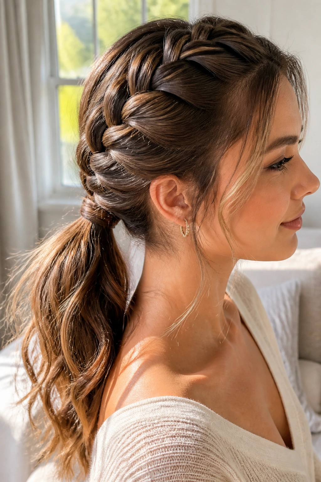 Close-up of a person with a Dutch braid ending in a wrapped ponytail