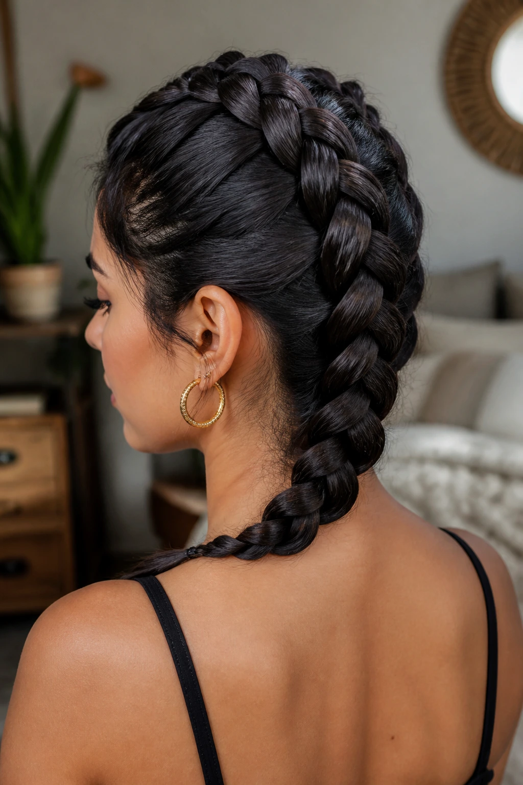 Close-up of a real woman with a classic Dutch braid along the crown