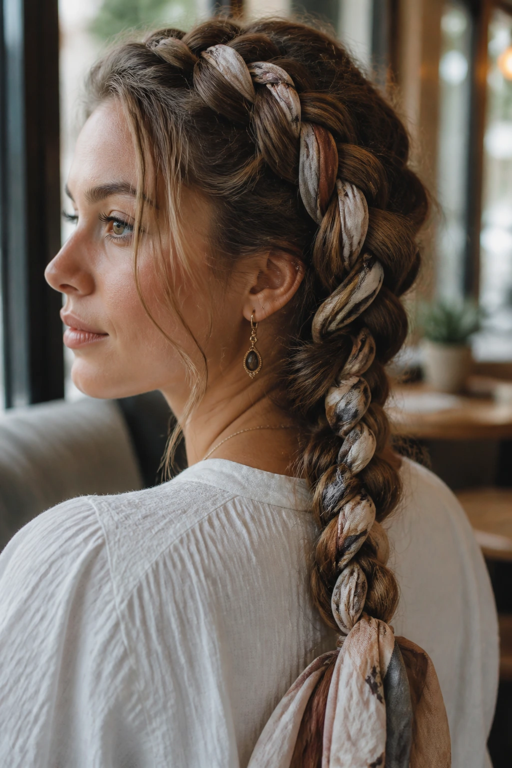 Close-up of real woman with a Dutch braid woven with a silk scarf.