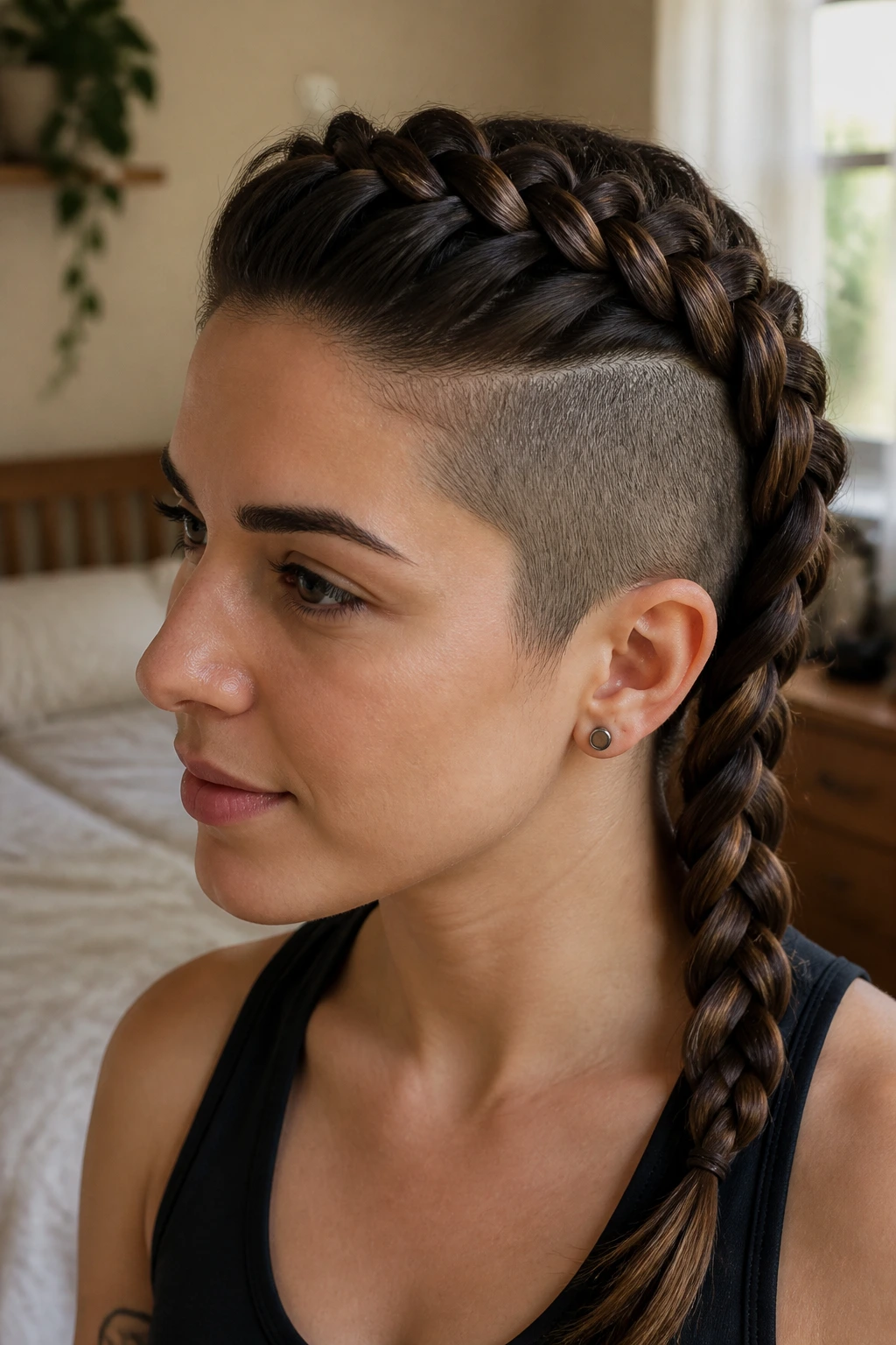 Close-up portrait of a real person showing a side-swept Dutch braid with a shaved side